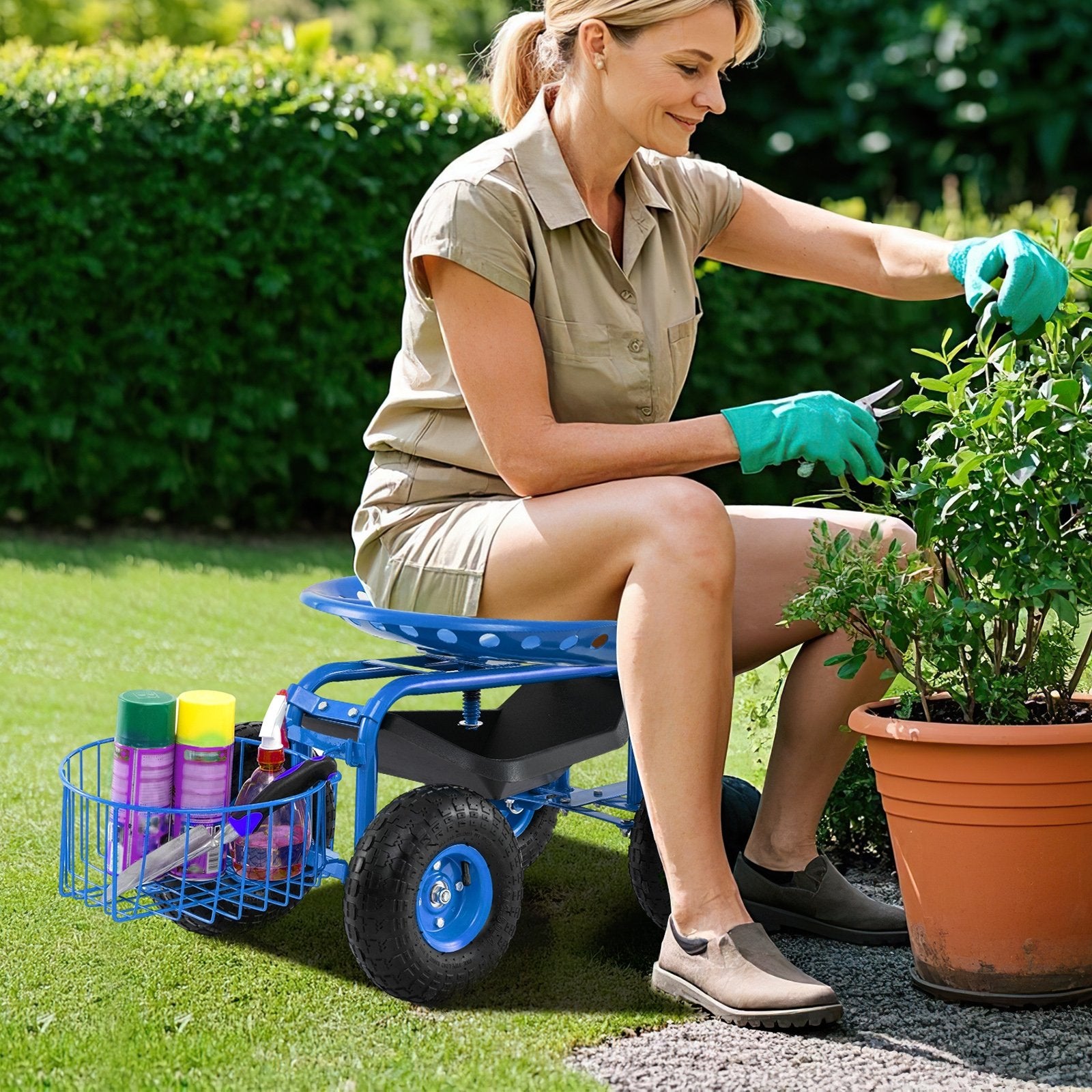 Heavy Duty Garden Cart with Tool Tray and 360 Swivel Seat, Blue Garden Carts at Gallery Canada