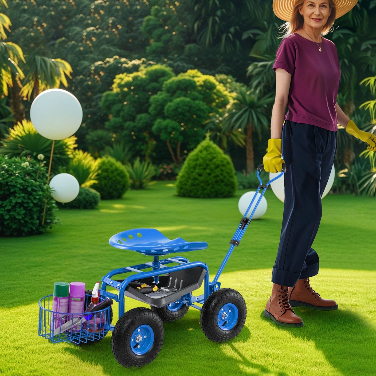 Heavy Duty Garden Cart with Tool Tray and 360 Swivel Seat, Blue Garden Carts at Gallery Canada
