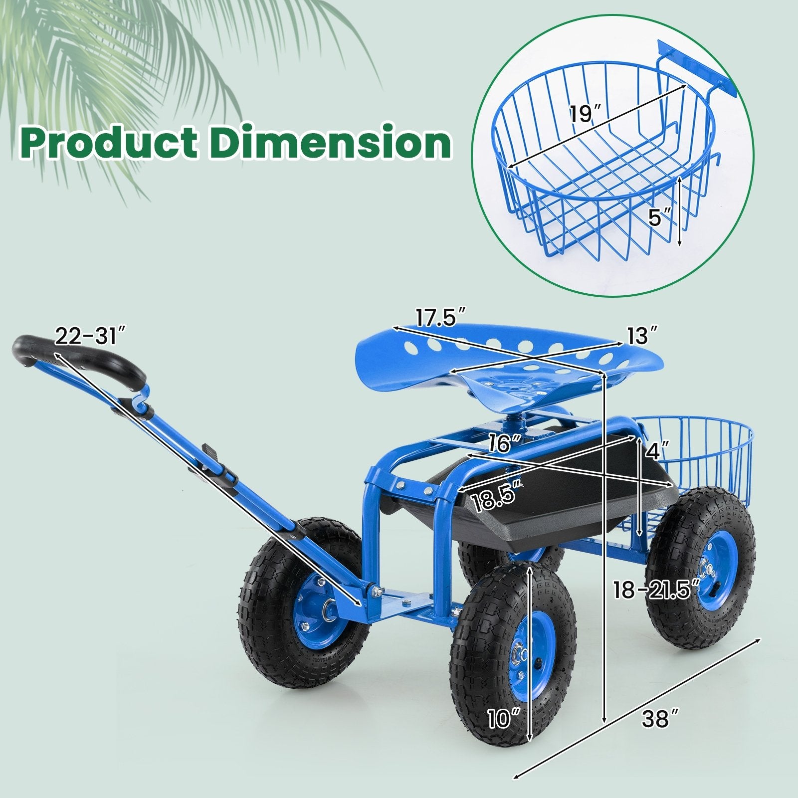 Heavy Duty Garden Cart with Tool Tray and 360 Swivel Seat, Blue Garden Carts at Gallery Canada