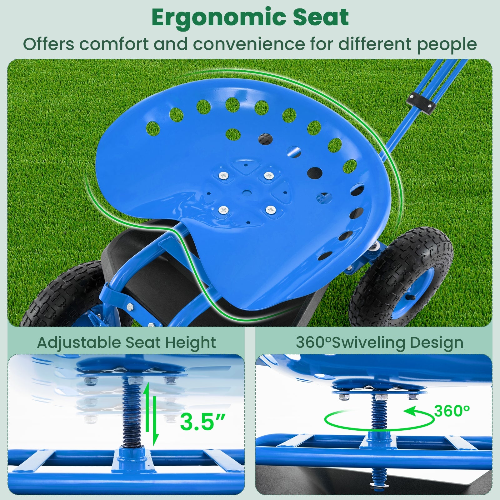 Heavy Duty Garden Cart with Tool Tray and 360 Swivel Seat, Blue Garden Carts at Gallery Canada