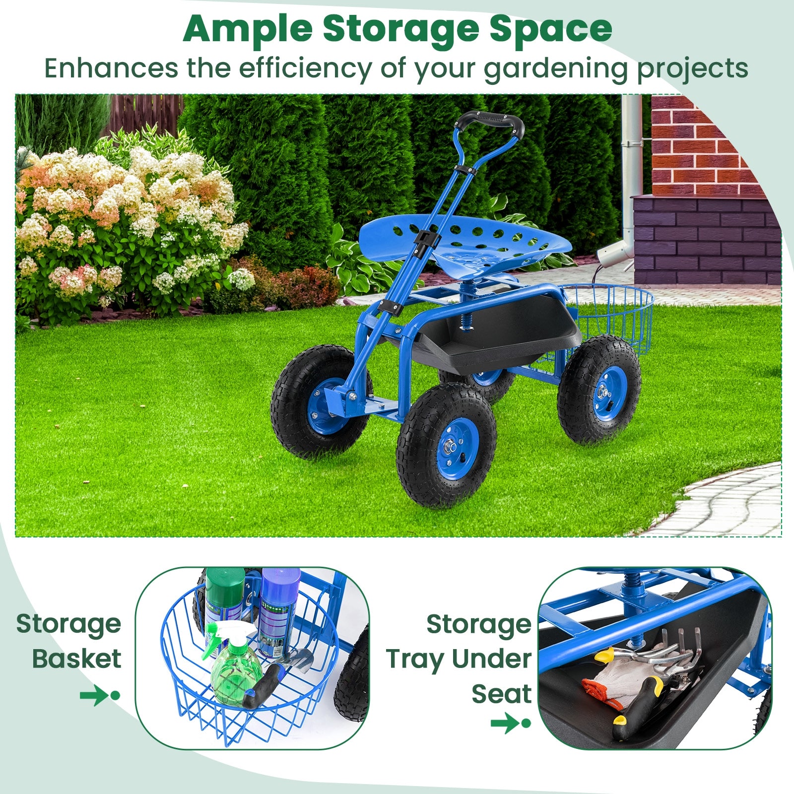 Heavy Duty Garden Cart with Tool Tray and 360 Swivel Seat, Blue Garden Carts at Gallery Canada