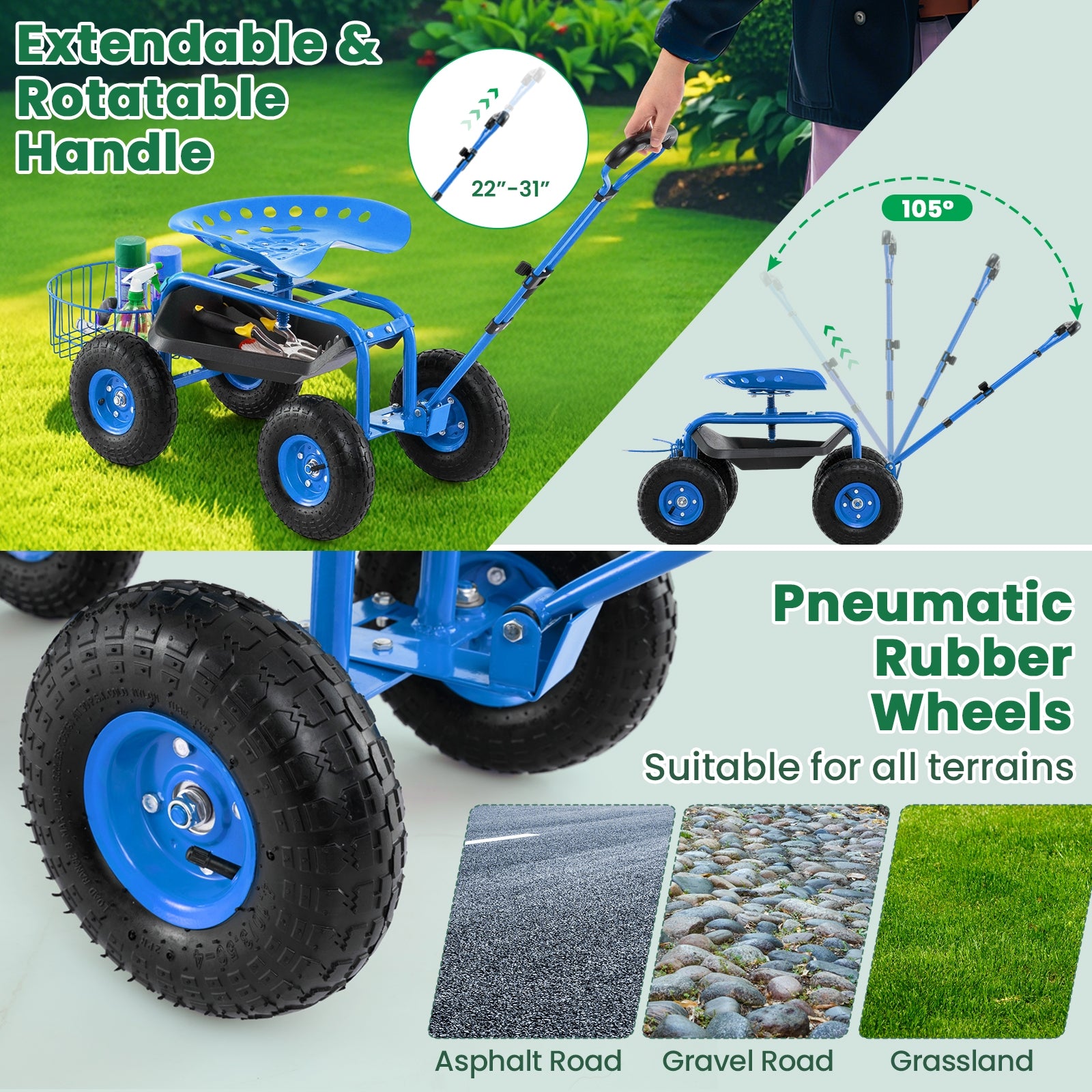 Heavy Duty Garden Cart with Tool Tray and 360 Swivel Seat, Blue Garden Carts at Gallery Canada