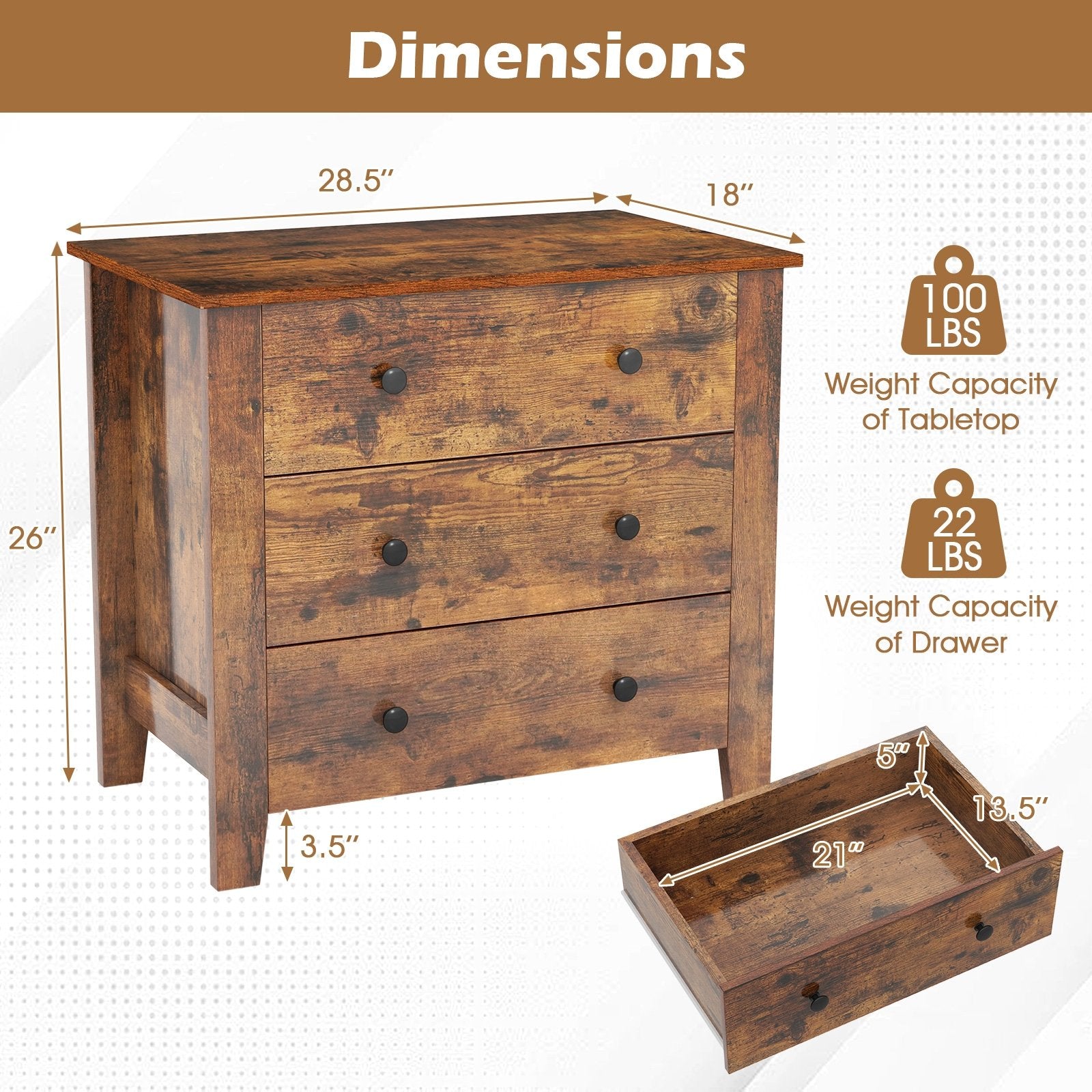 3 Drawer Dresser Chest of Drawers Bedside Table, Rustic Brown Cabinets & Chests at Gallery Canada