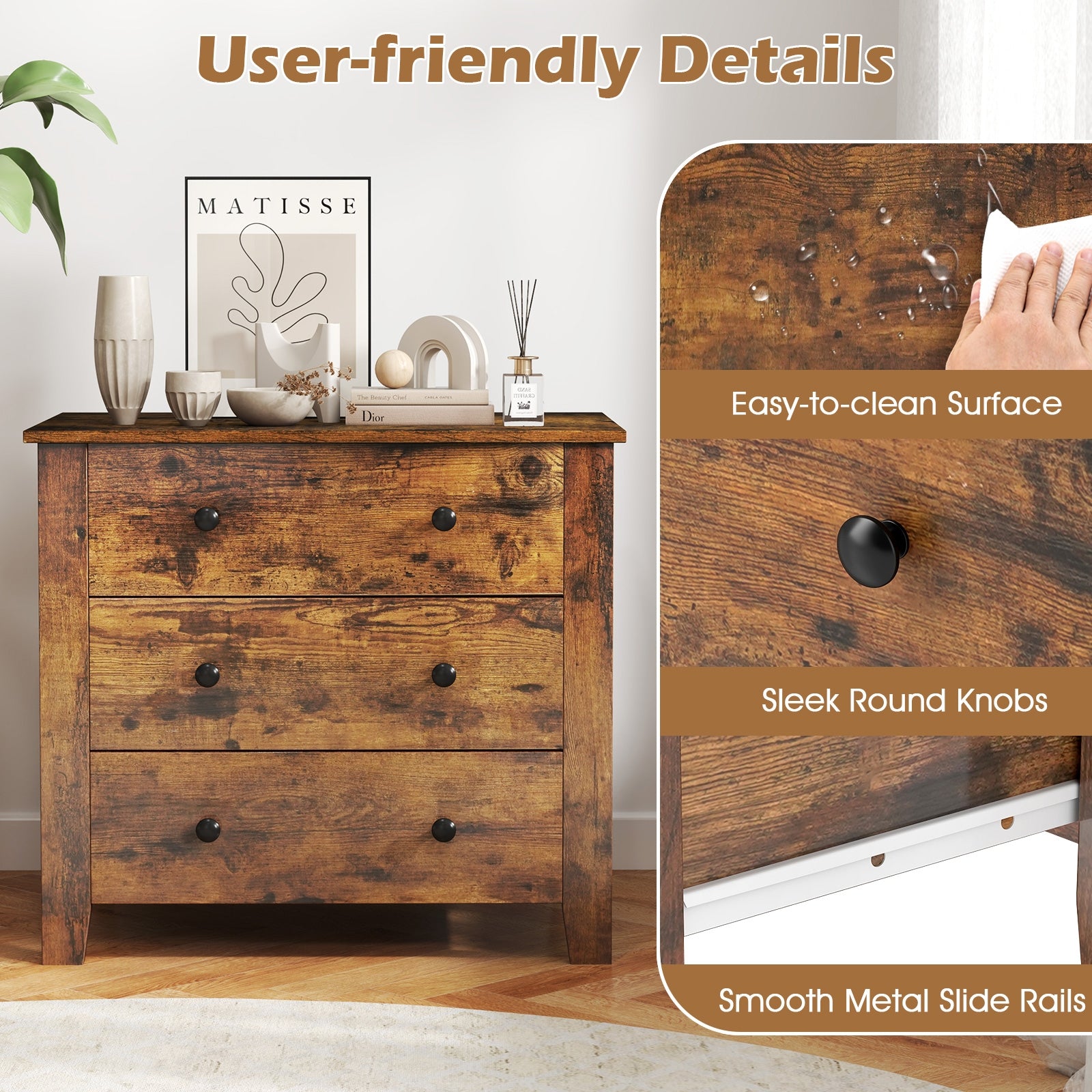 3 Drawer Dresser Chest of Drawers Bedside Table, Rustic Brown Cabinets & Chests at Gallery Canada