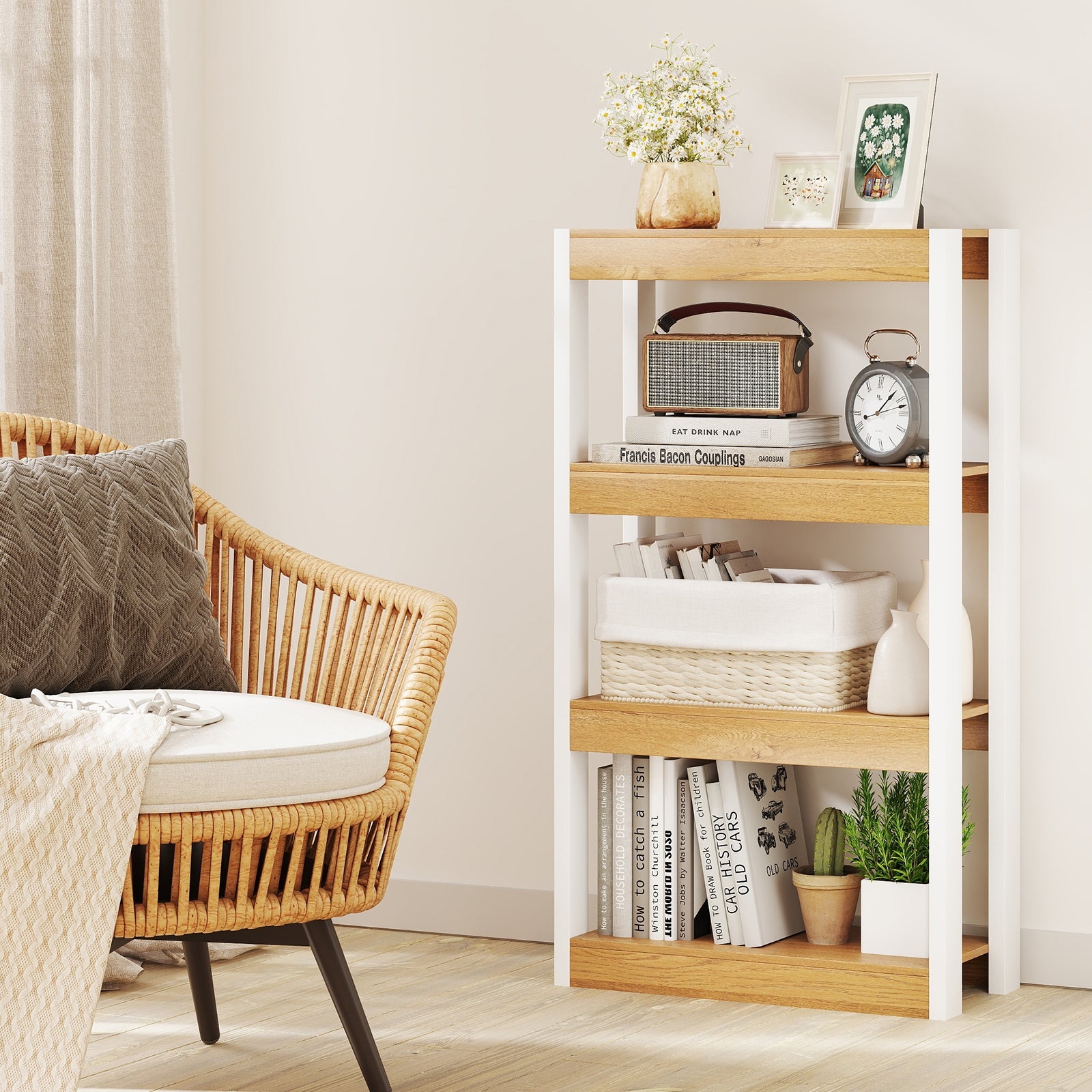 4 Tier Bookshelf Wooden Bookcase with Dual Anti-Tipping Kits, Natural Bookcases at Gallery Canada