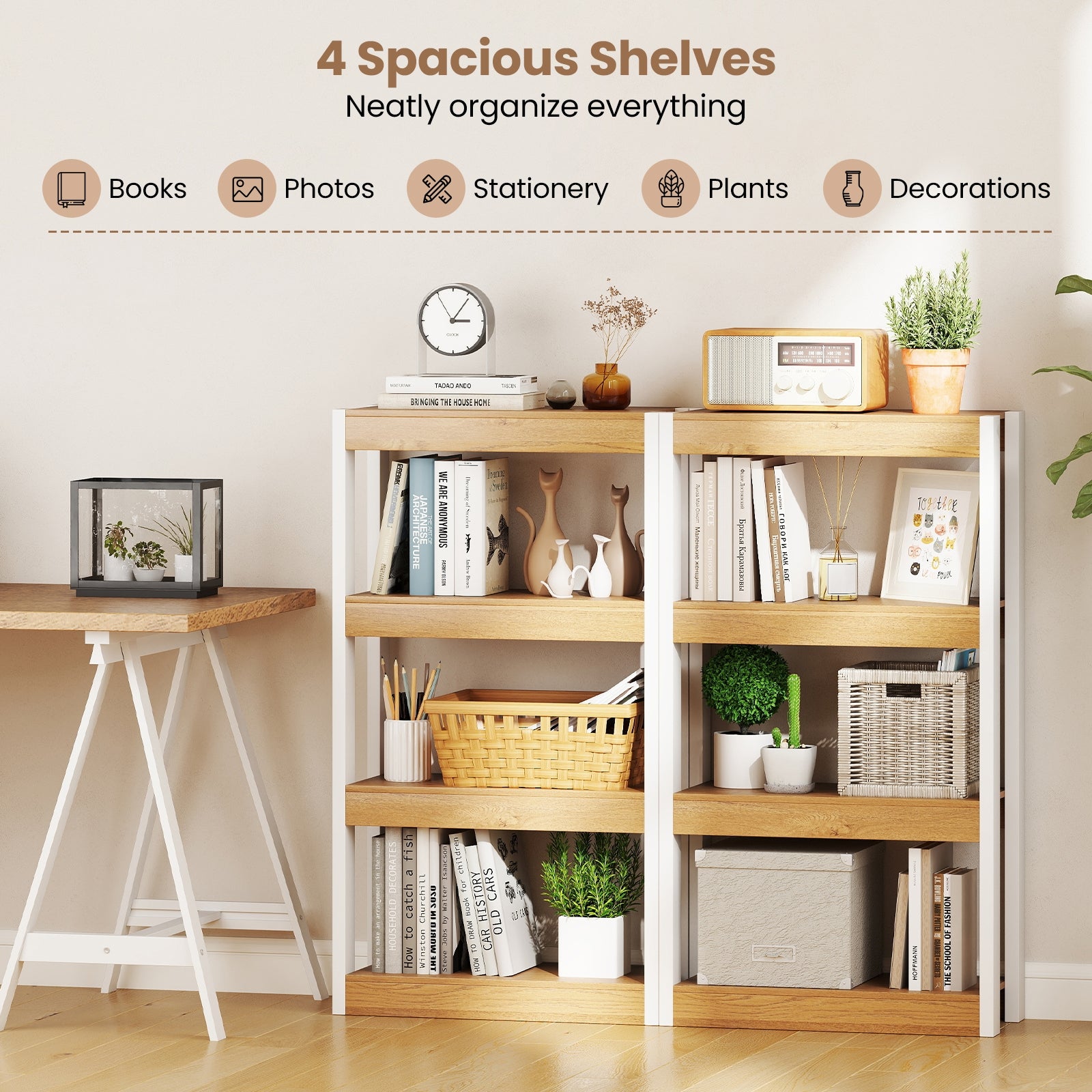 4 Tier Bookshelf Wooden Bookcase with Dual Anti-Tipping Kits, Natural Bookcases at Gallery Canada