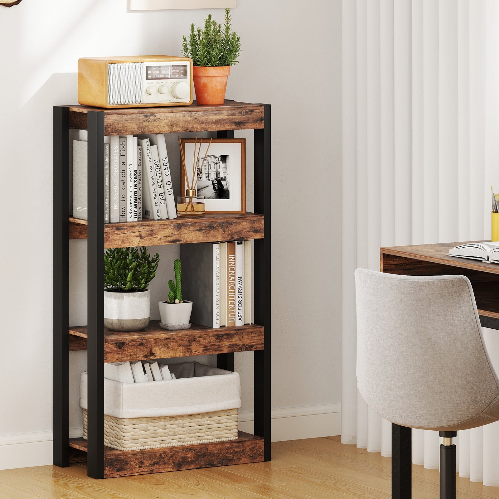 4 Tier Bookshelf Wooden Bookcase with Dual Anti-Tipping Kits, Rustic Brown Bookcases at Gallery Canada