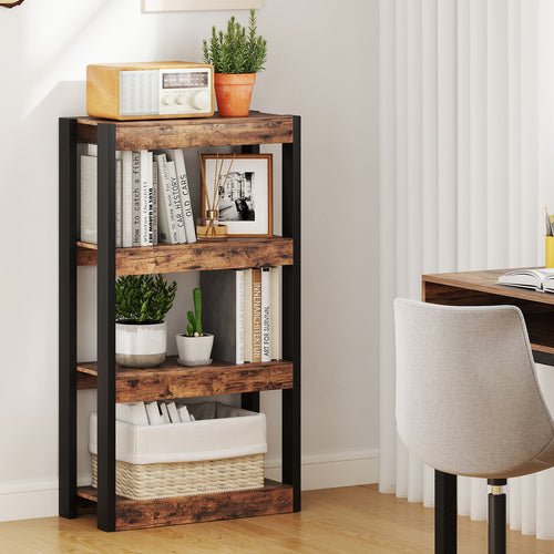 4 Tier Bookshelf Wooden Bookcase with Dual Anti-Tipping Kits, Rustic Brown