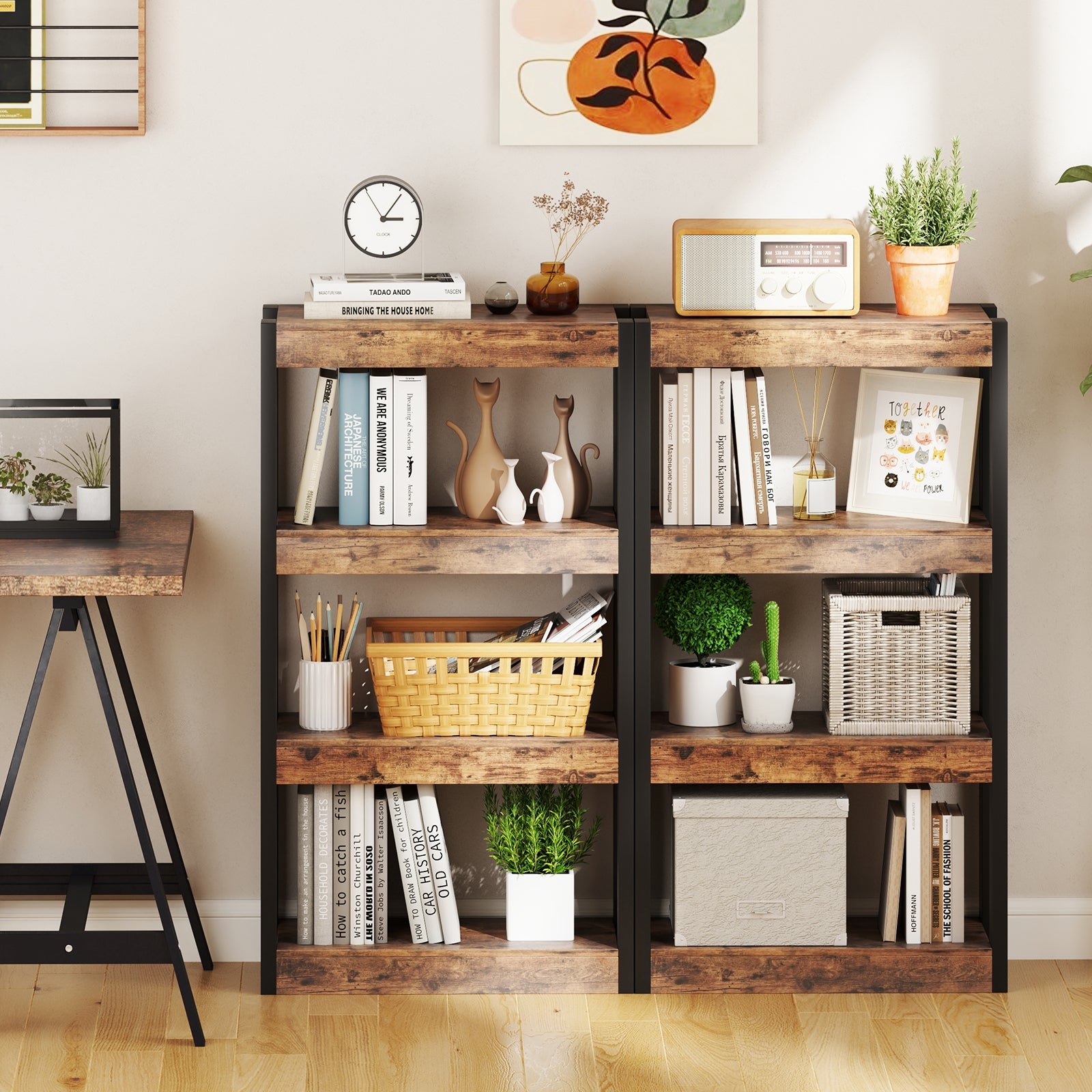 4 Tier Bookshelf Wooden Bookcase with Dual Anti-Tipping Kits, Rustic Brown Bookcases at Gallery Canada