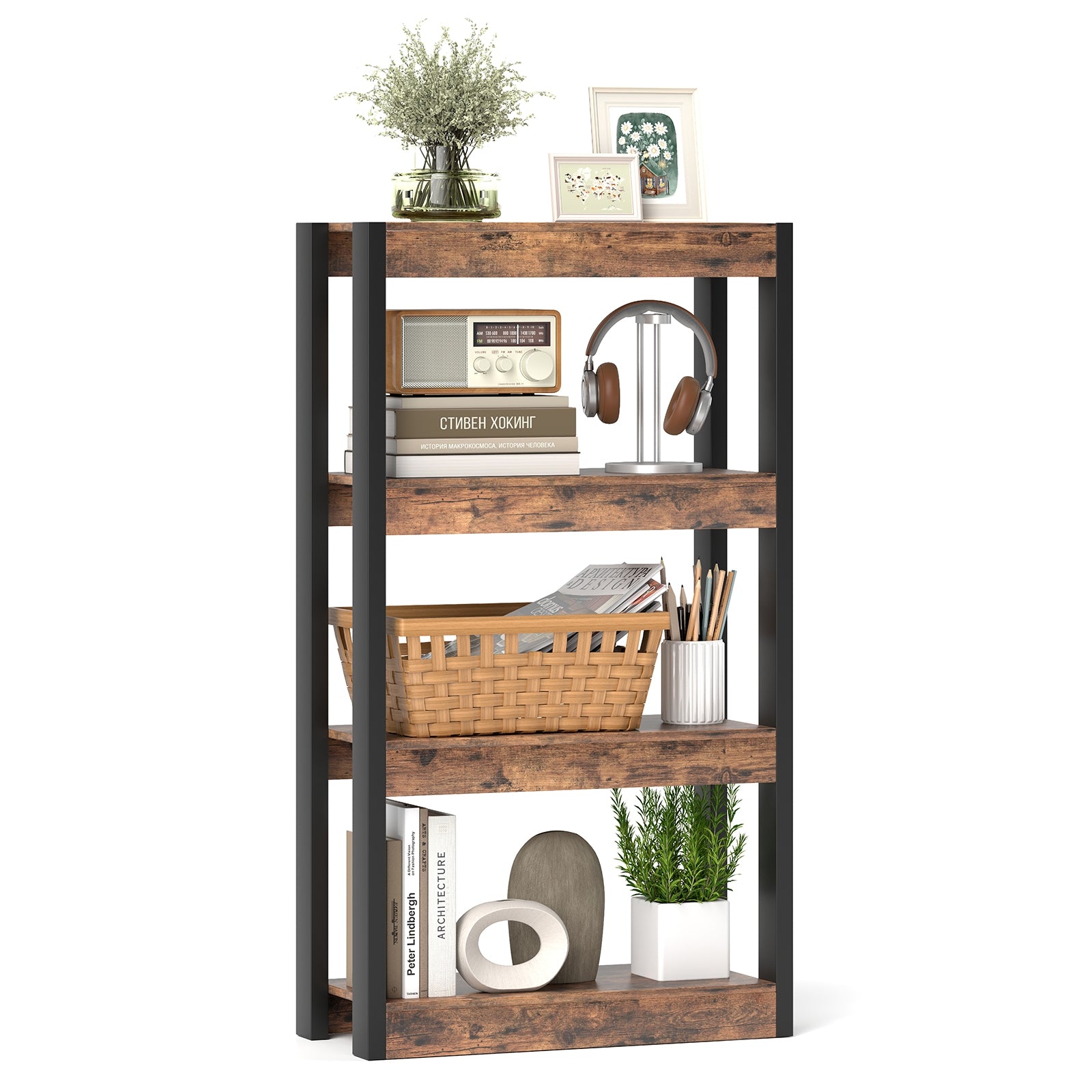 4 Tier Bookshelf Wooden Bookcase with Dual Anti-Tipping Kits, Rustic Brown Bookcases Rustic Brown at Gallery Canada