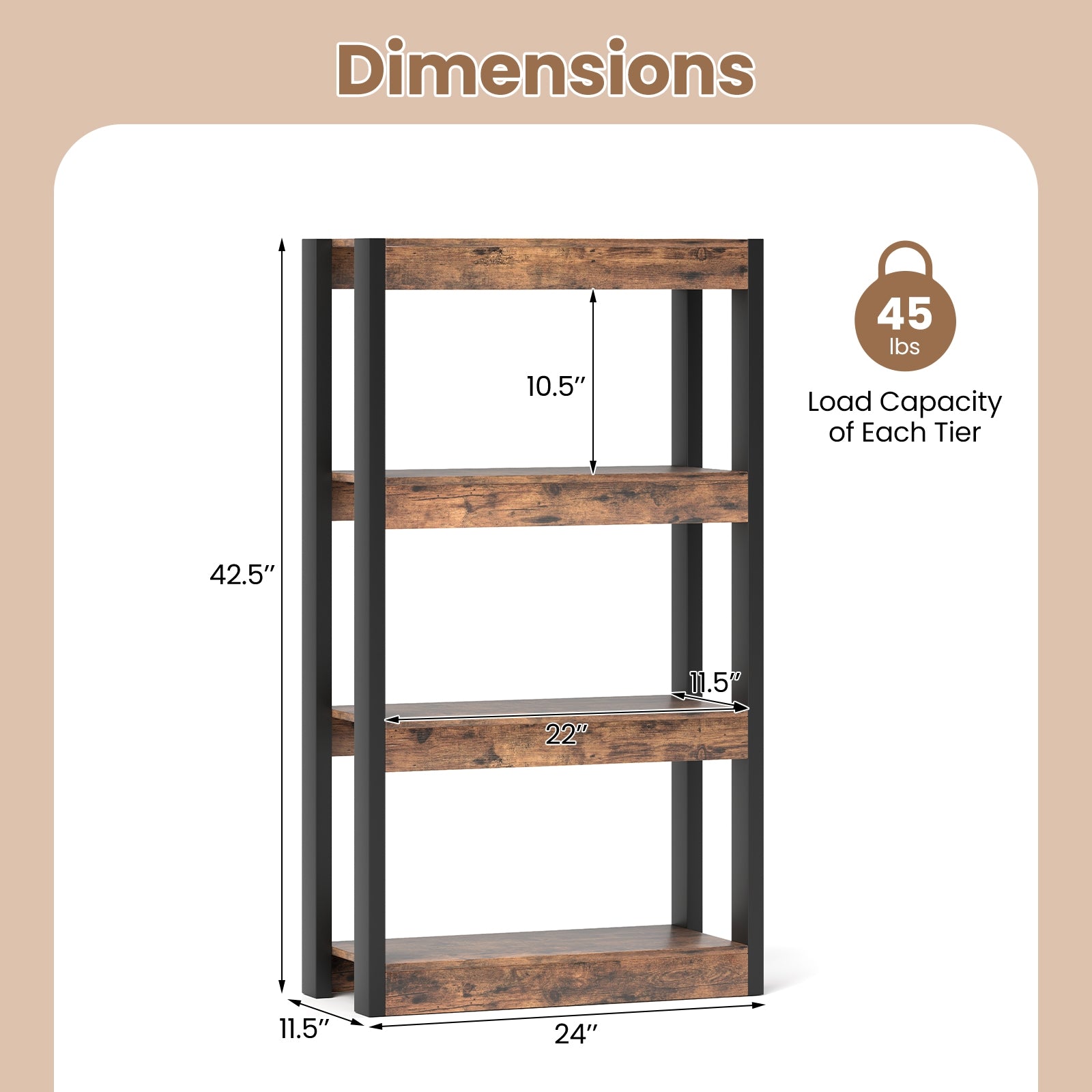 4 Tier Bookshelf Wooden Bookcase with Dual Anti-Tipping Kits, Rustic Brown Bookcases at Gallery Canada