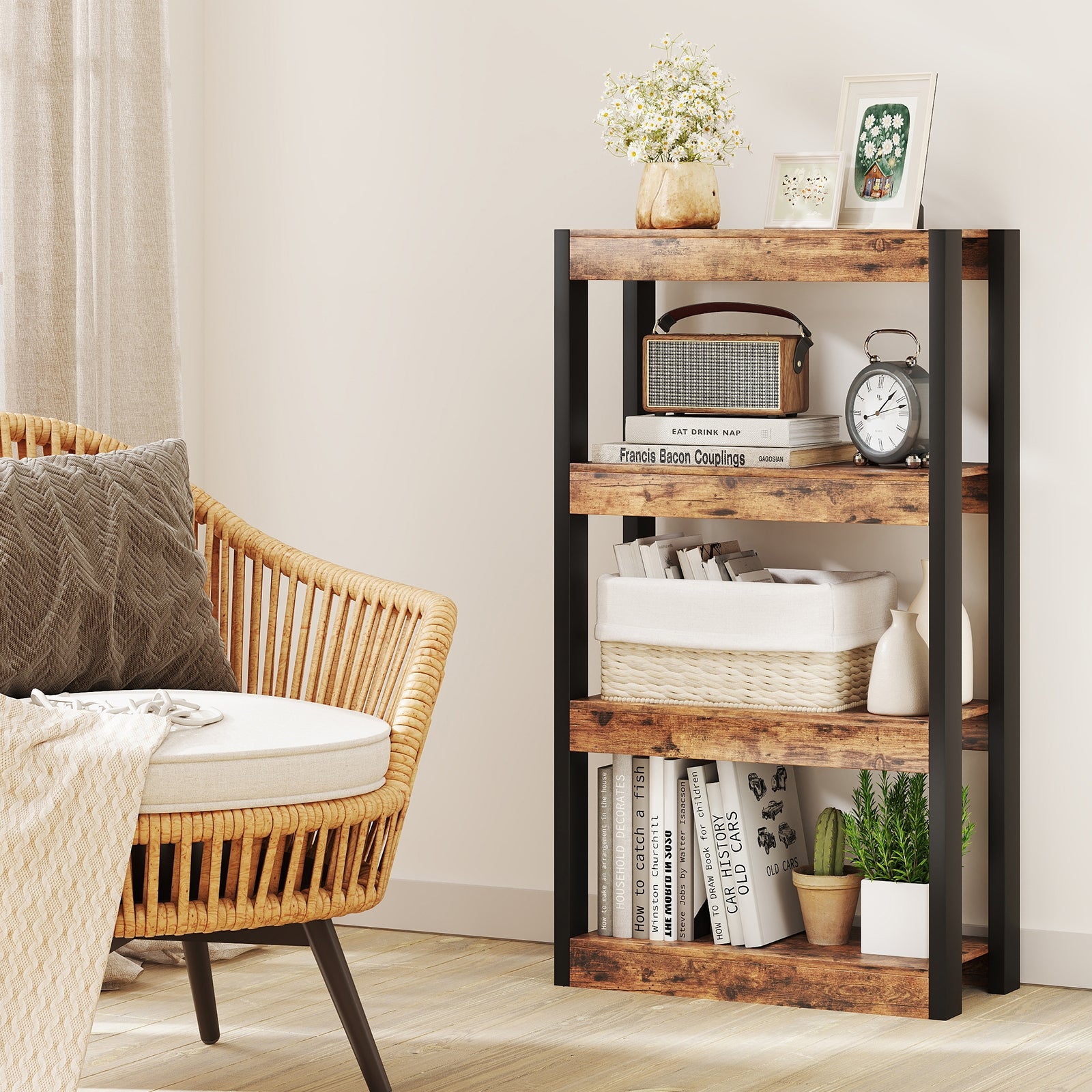 4 Tier Bookshelf Wooden Bookcase with Dual Anti-Tipping Kits, Rustic Brown Bookcases at Gallery Canada