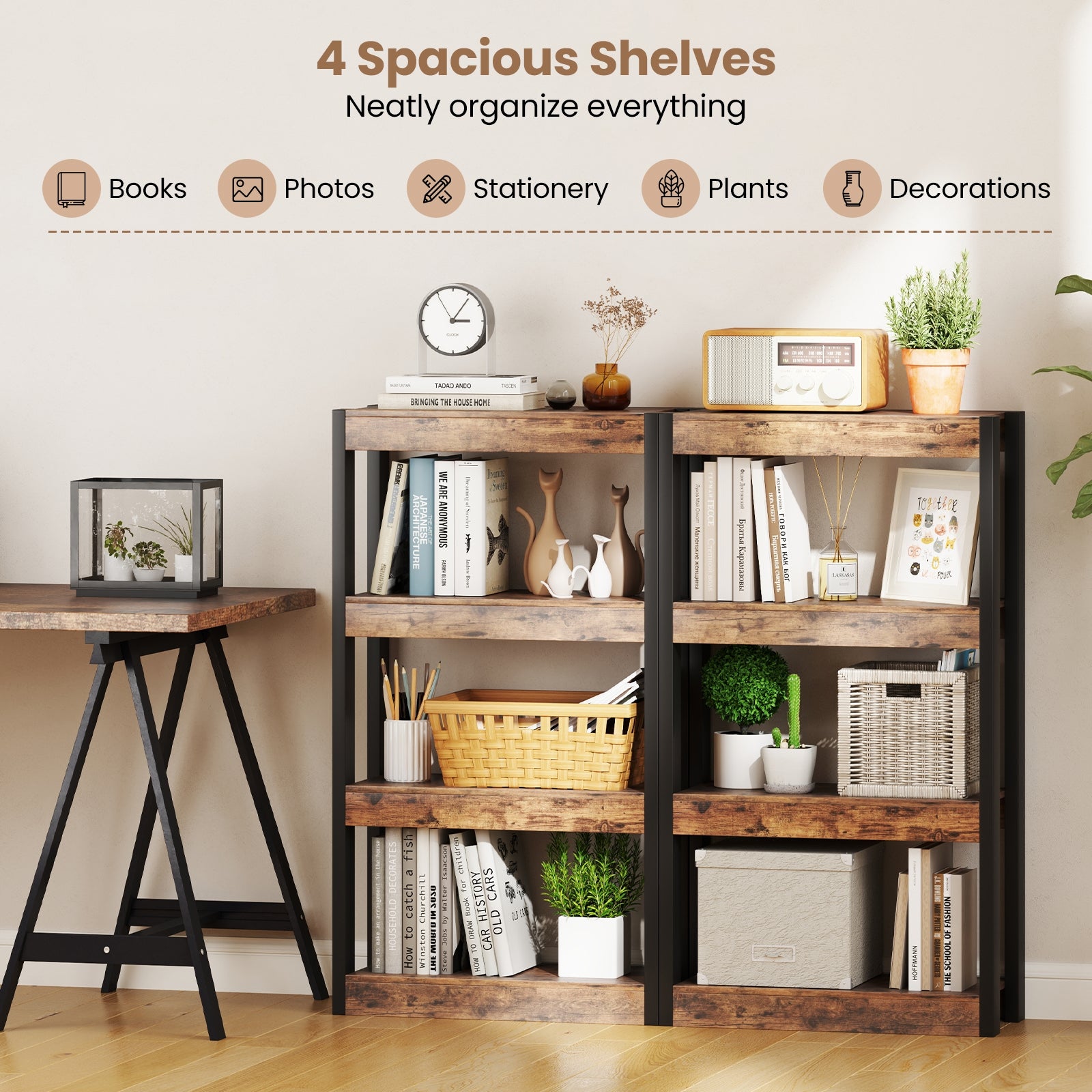 4 Tier Bookshelf Wooden Bookcase with Dual Anti-Tipping Kits, Rustic Brown Bookcases at Gallery Canada