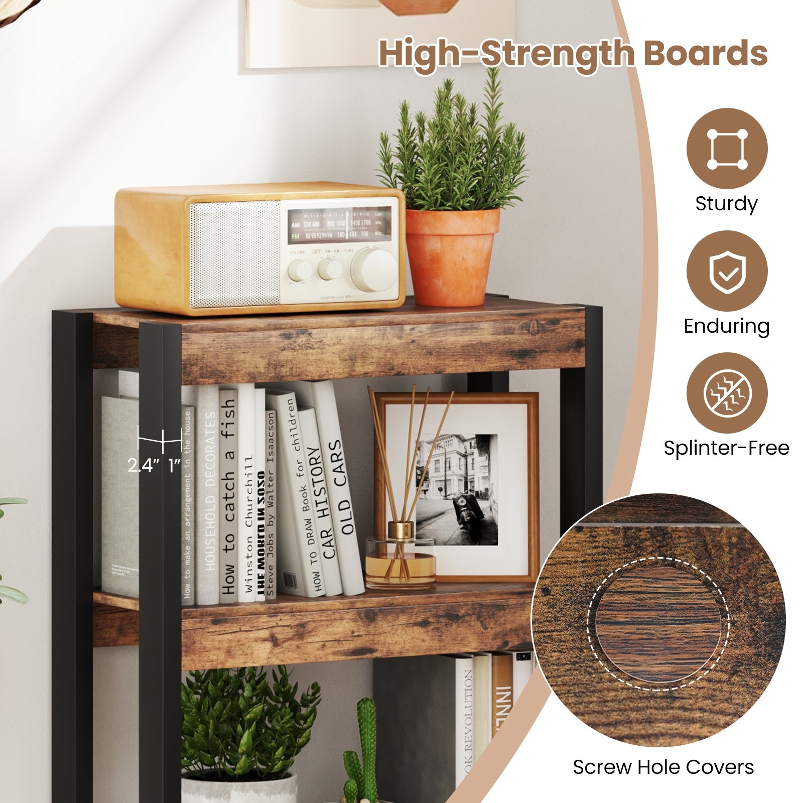4 Tier Bookshelf Wooden Bookcase with Dual Anti-Tipping Kits, Rustic Brown Bookcases at Gallery Canada