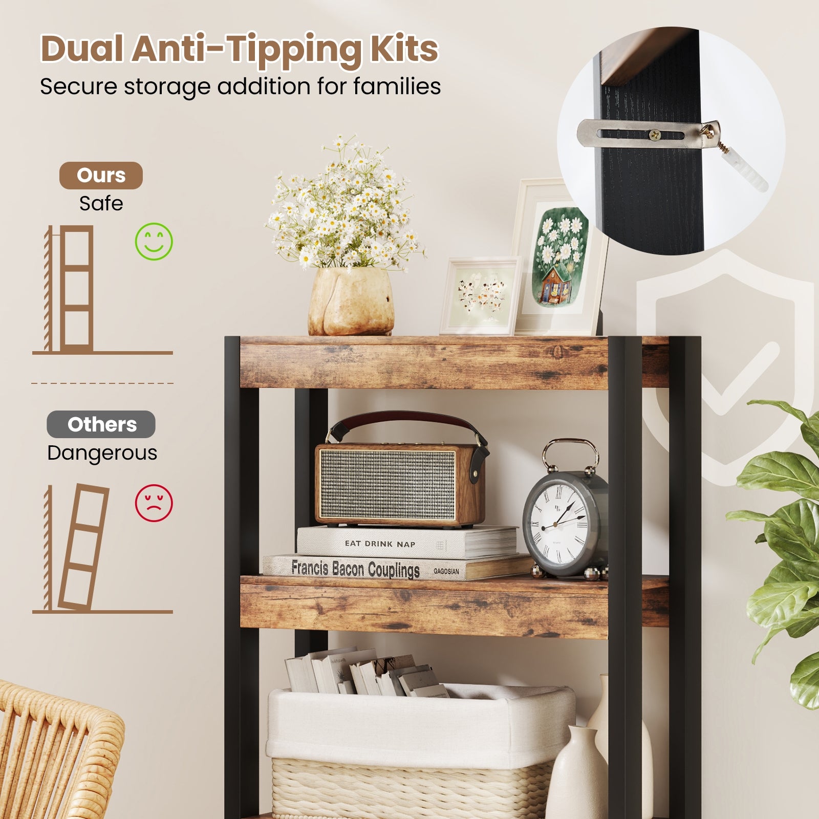4 Tier Bookshelf Wooden Bookcase with Dual Anti-Tipping Kits, Rustic Brown Bookcases at Gallery Canada