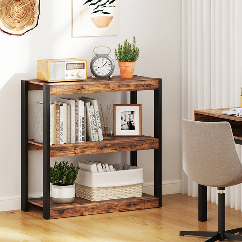 3 Tier Bookshelf Wooden Bookcase with Dual Anti-Tipping Kits, Rustic Brown