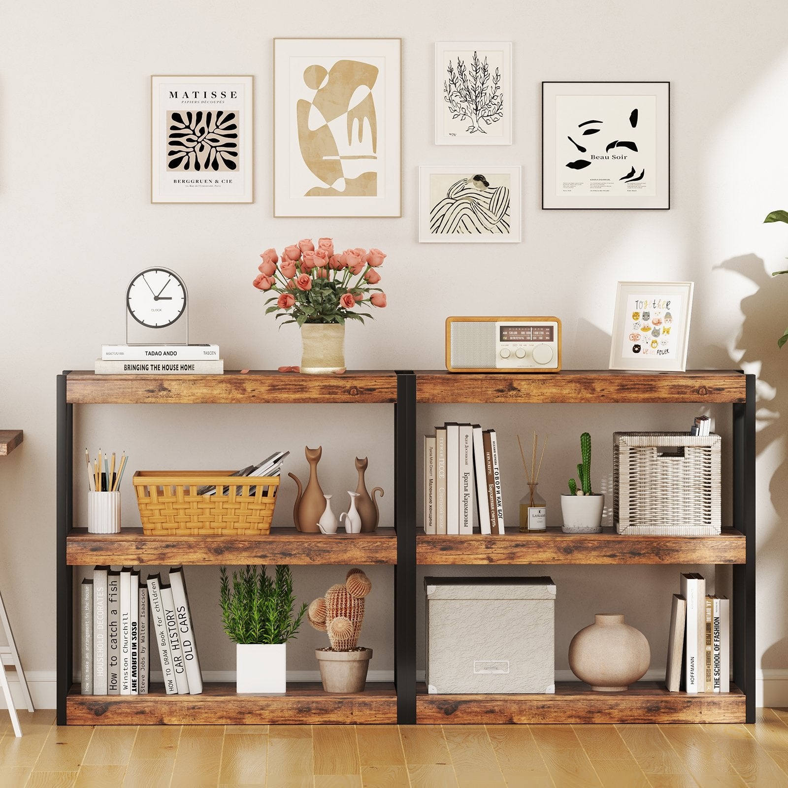 3 Tier Bookshelf Wooden Bookcase with Dual Anti-Tipping Kits, Rustic Brown Bookcases at Gallery Canada