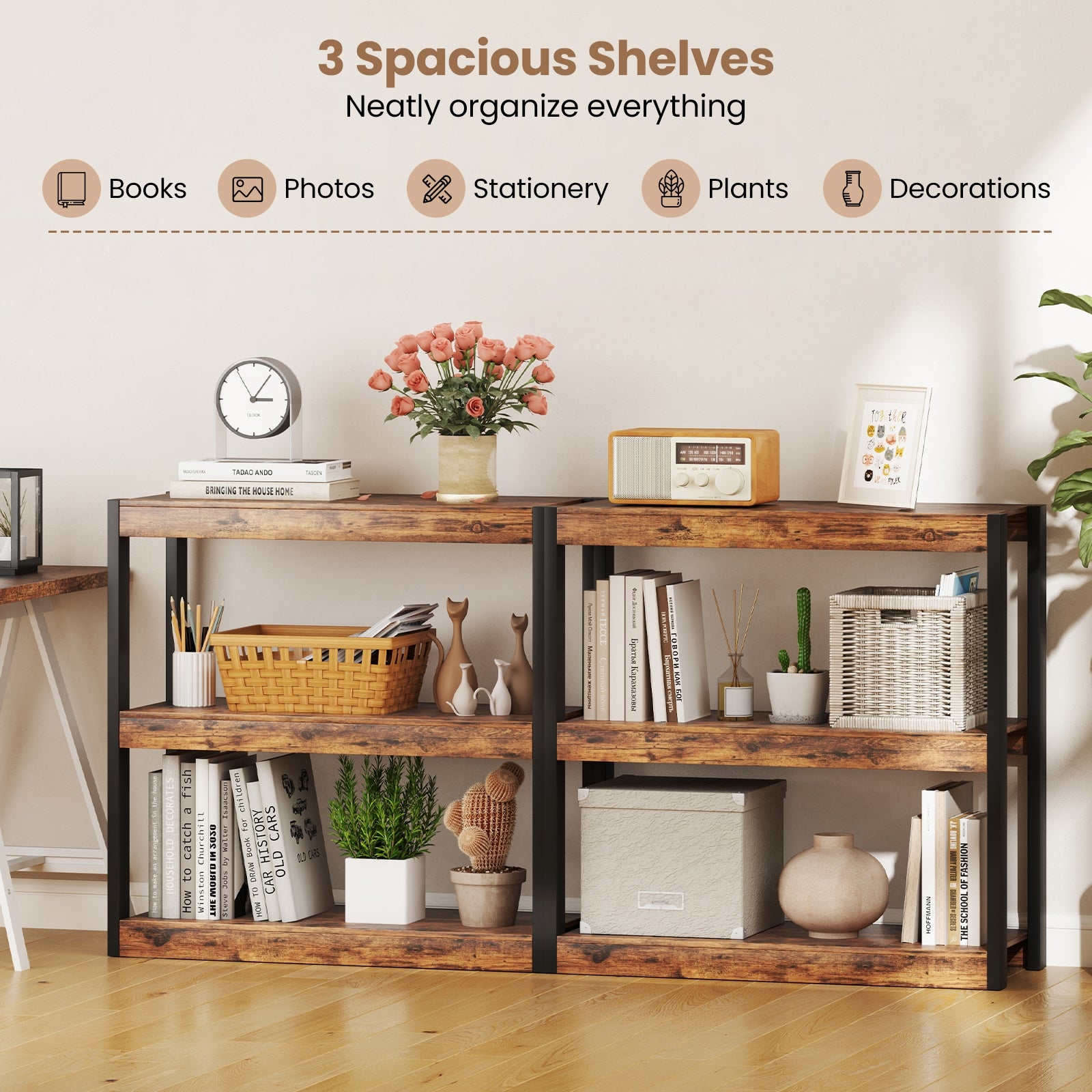 3 Tier Bookshelf Wooden Bookcase with Dual Anti-Tipping Kits, Rustic Brown Bookcases at Gallery Canada