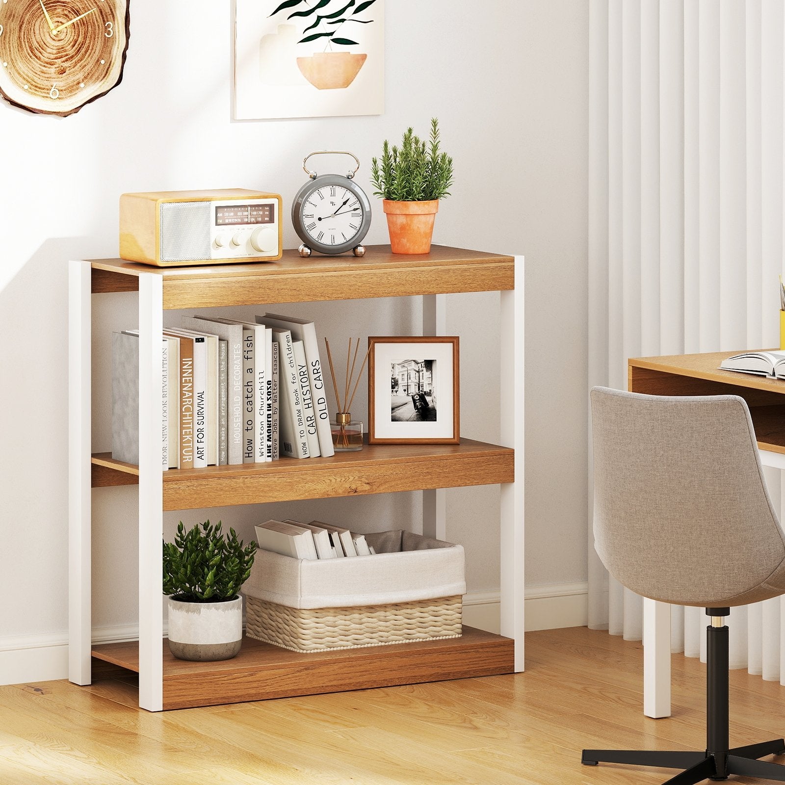 3 Tier Bookshelf Wooden Bookcase with Dual Anti-Tipping Kits, Natural Bookcases at Gallery Canada