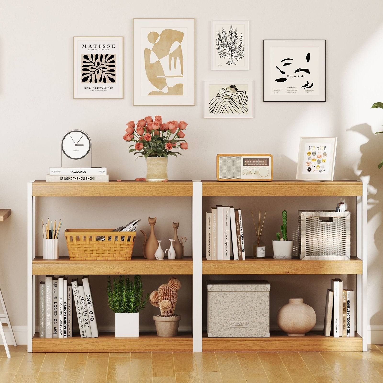 3 Tier Bookshelf Wooden Bookcase with Dual Anti-Tipping Kits, Natural Bookcases at Gallery Canada