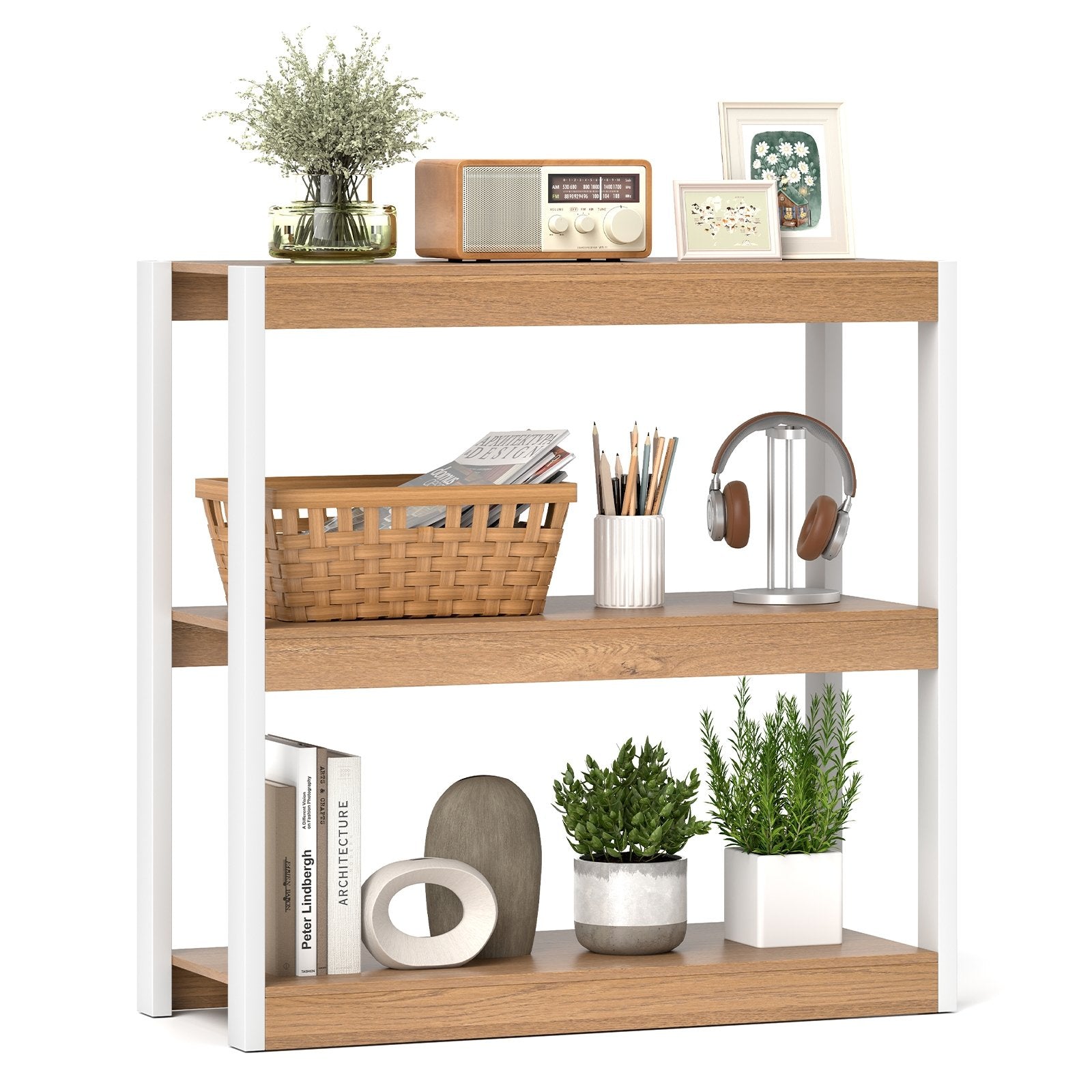 3 Tier Bookshelf Wooden Bookcase with Dual Anti-Tipping Kits, Natural Bookcases Natural at Gallery Canada