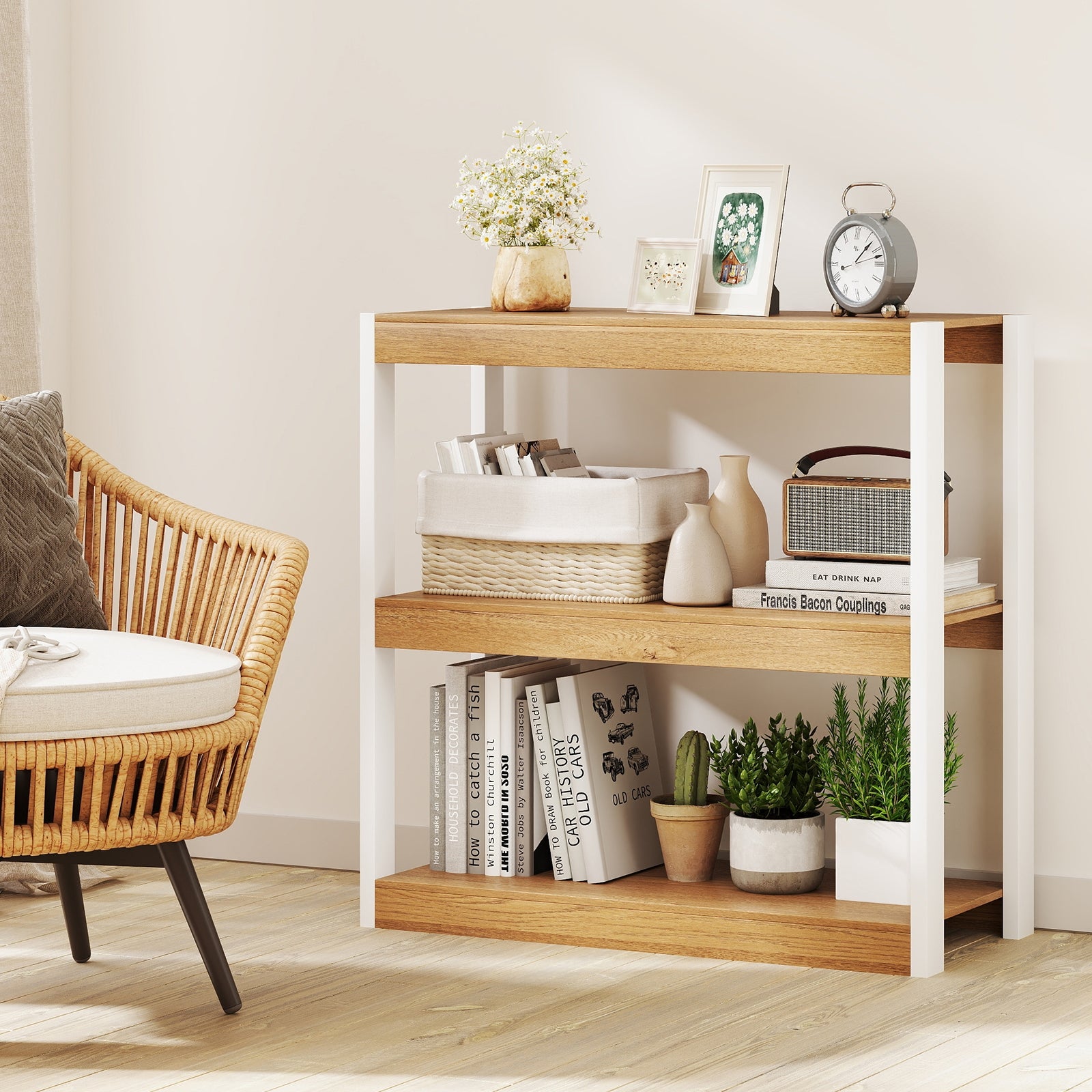 3 Tier Bookshelf Wooden Bookcase with Dual Anti-Tipping Kits, Natural Bookcases at Gallery Canada