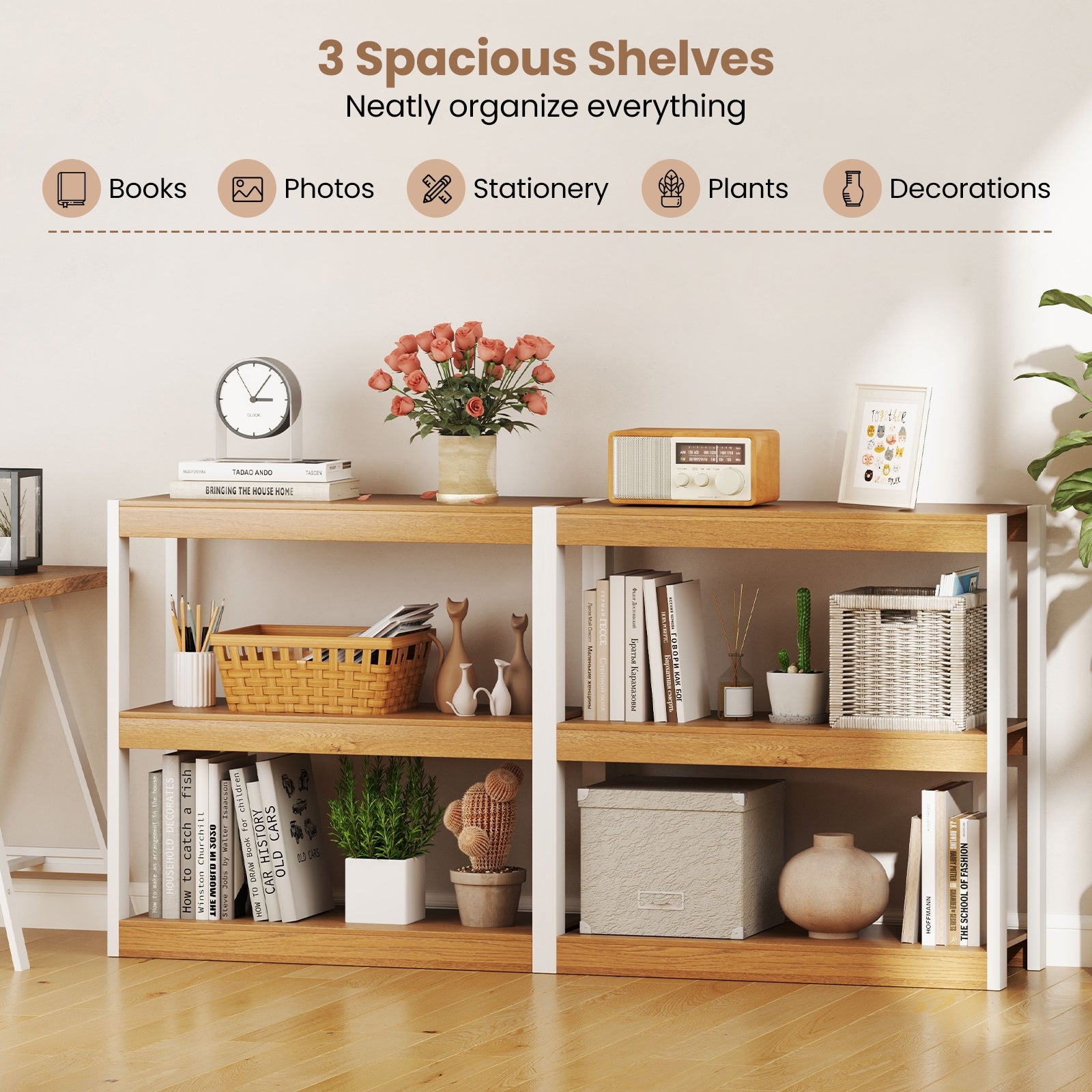 3 Tier Bookshelf Wooden Bookcase with Dual Anti-Tipping Kits, Natural Bookcases at Gallery Canada