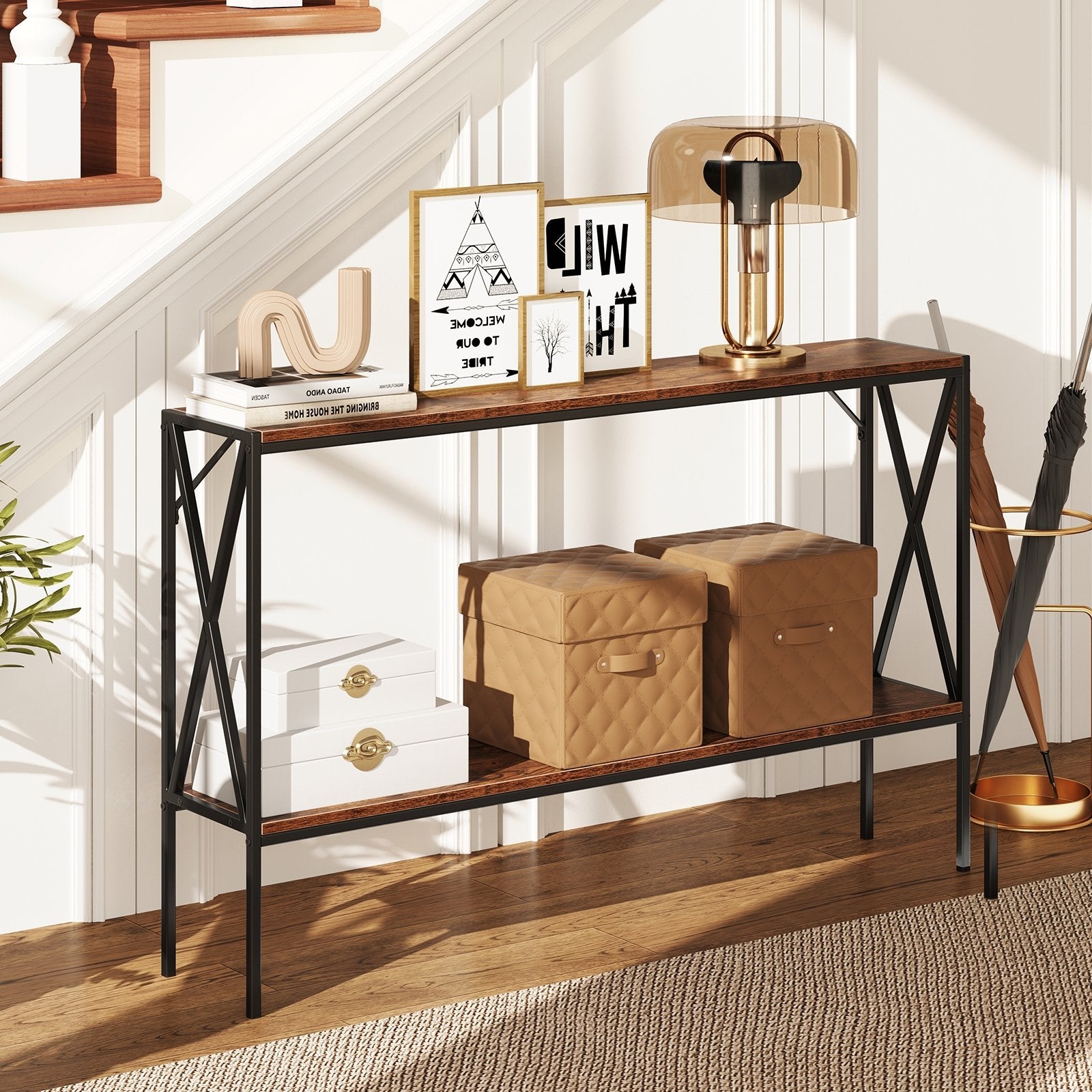 Narrow Console Table 2-Tier Entryway Table with Storage, Rustic Brown Console Tables at Gallery Canada
