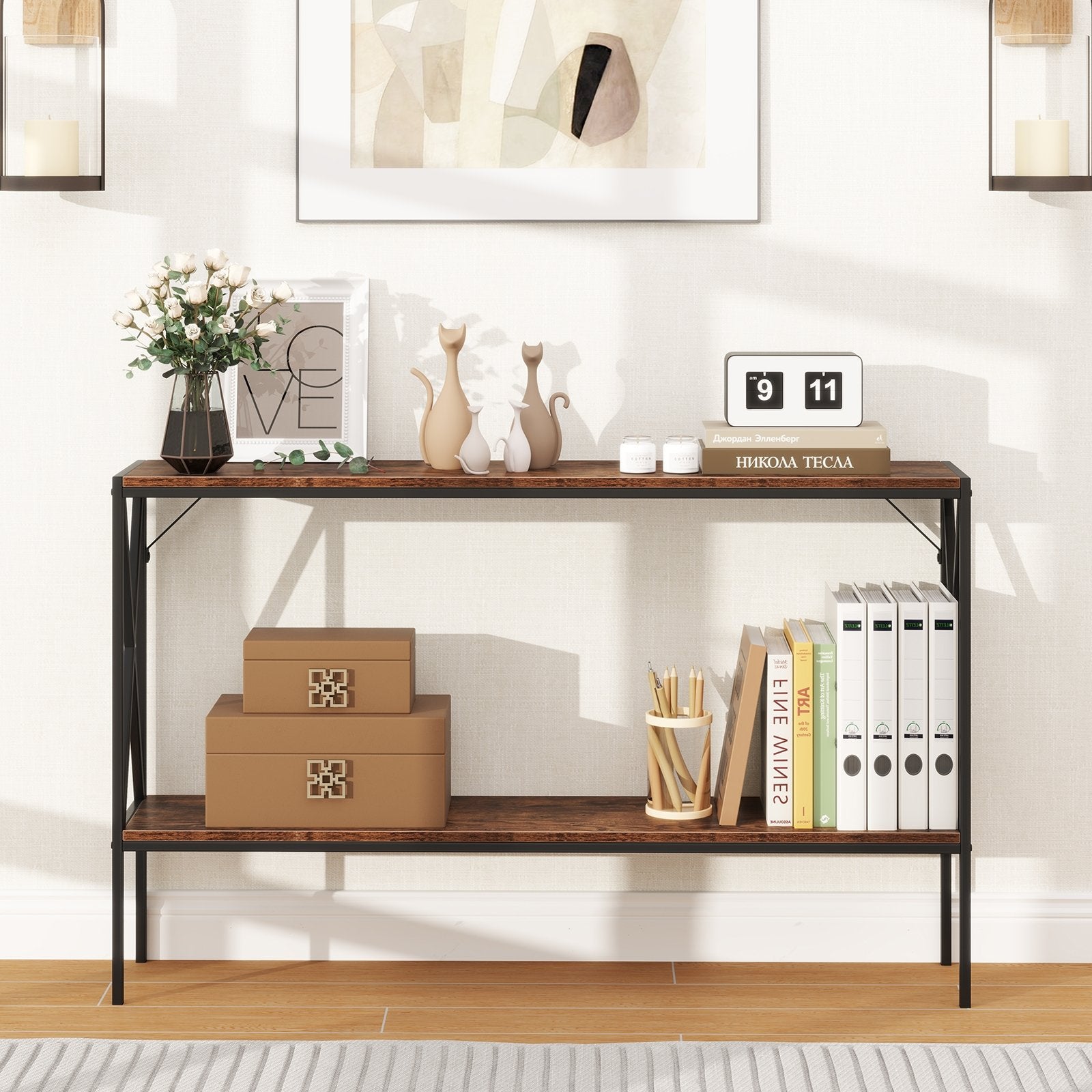 Narrow Console Table 2-Tier Entryway Table with Storage, Rustic Brown Console Tables at Gallery Canada