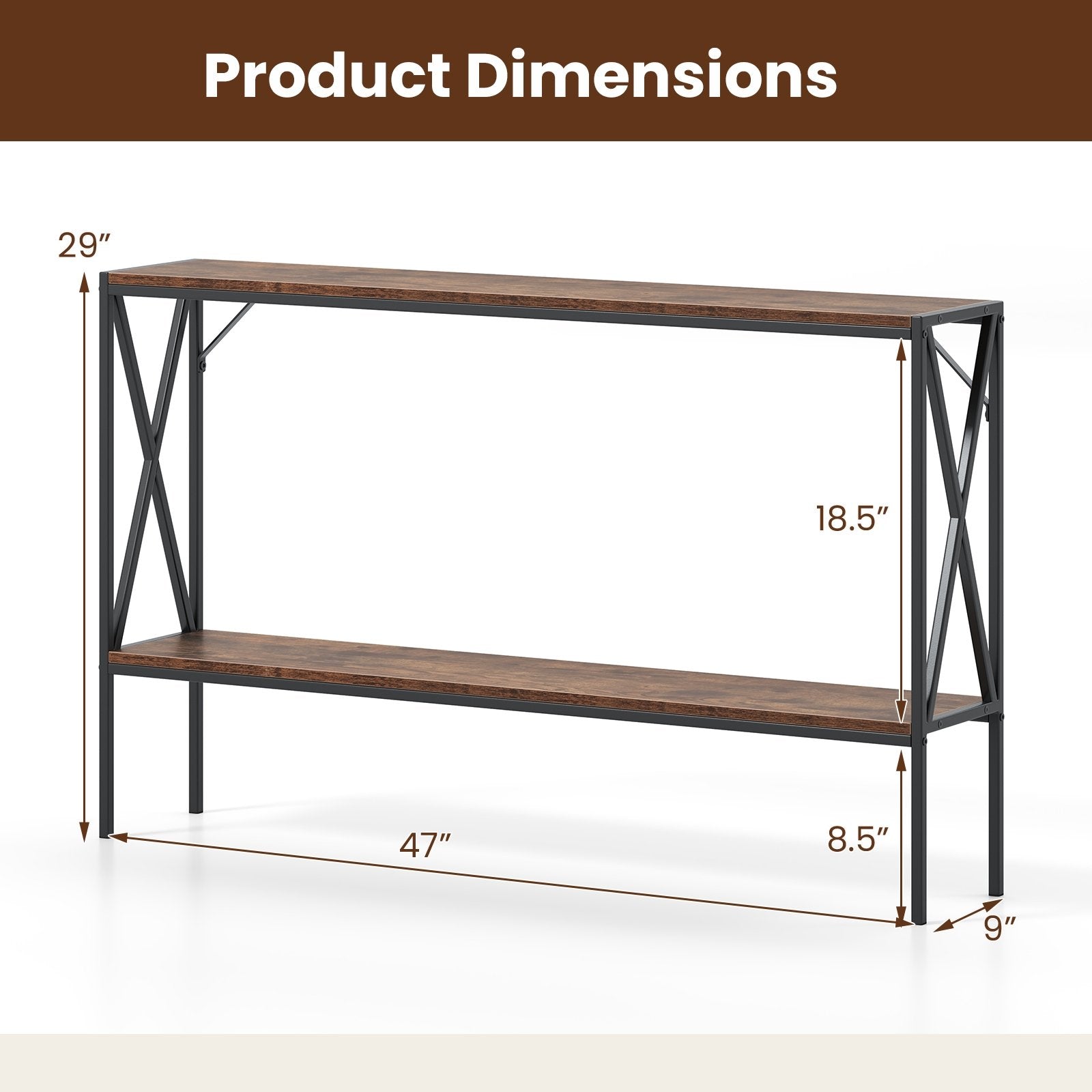 Narrow Console Table 2-Tier Entryway Table with Storage, Rustic Brown Console Tables at Gallery Canada