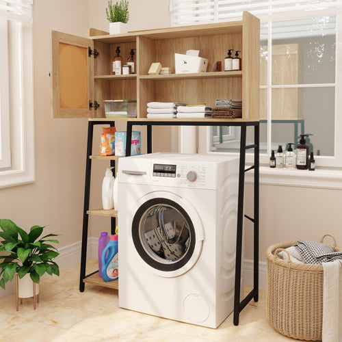 Over The Toilet Storage Cabinet with PE Rattan Door and Open Storage Shelves, Natural