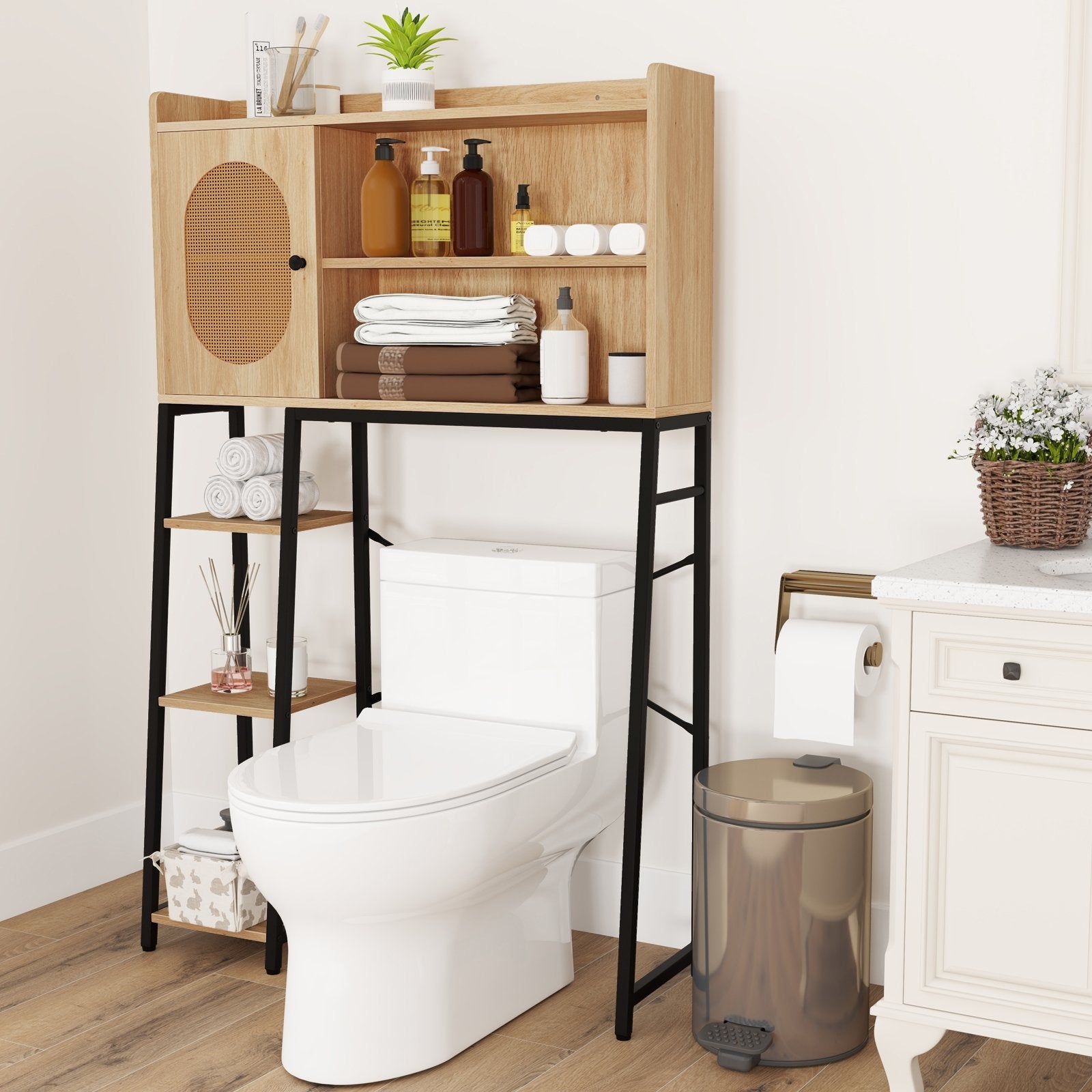 Over The Toilet Storage Cabinet with PE Rattan Door and Open Storage Shelves, Natural Floor Cabinets at Gallery Canada