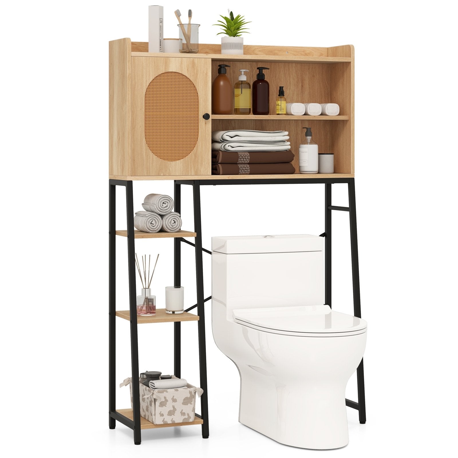 Over The Toilet Storage Cabinet with PE Rattan Door and Open Storage Shelves, Natural Floor Cabinets at Gallery Canada