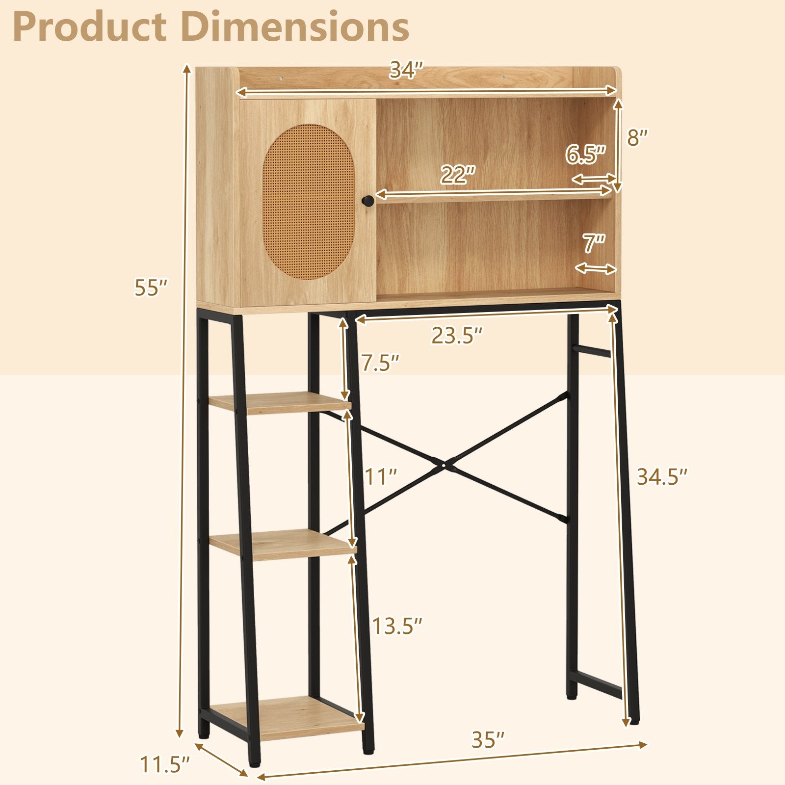 Over The Toilet Storage Cabinet with PE Rattan Door and Open Storage Shelves, Natural Floor Cabinets at Gallery Canada