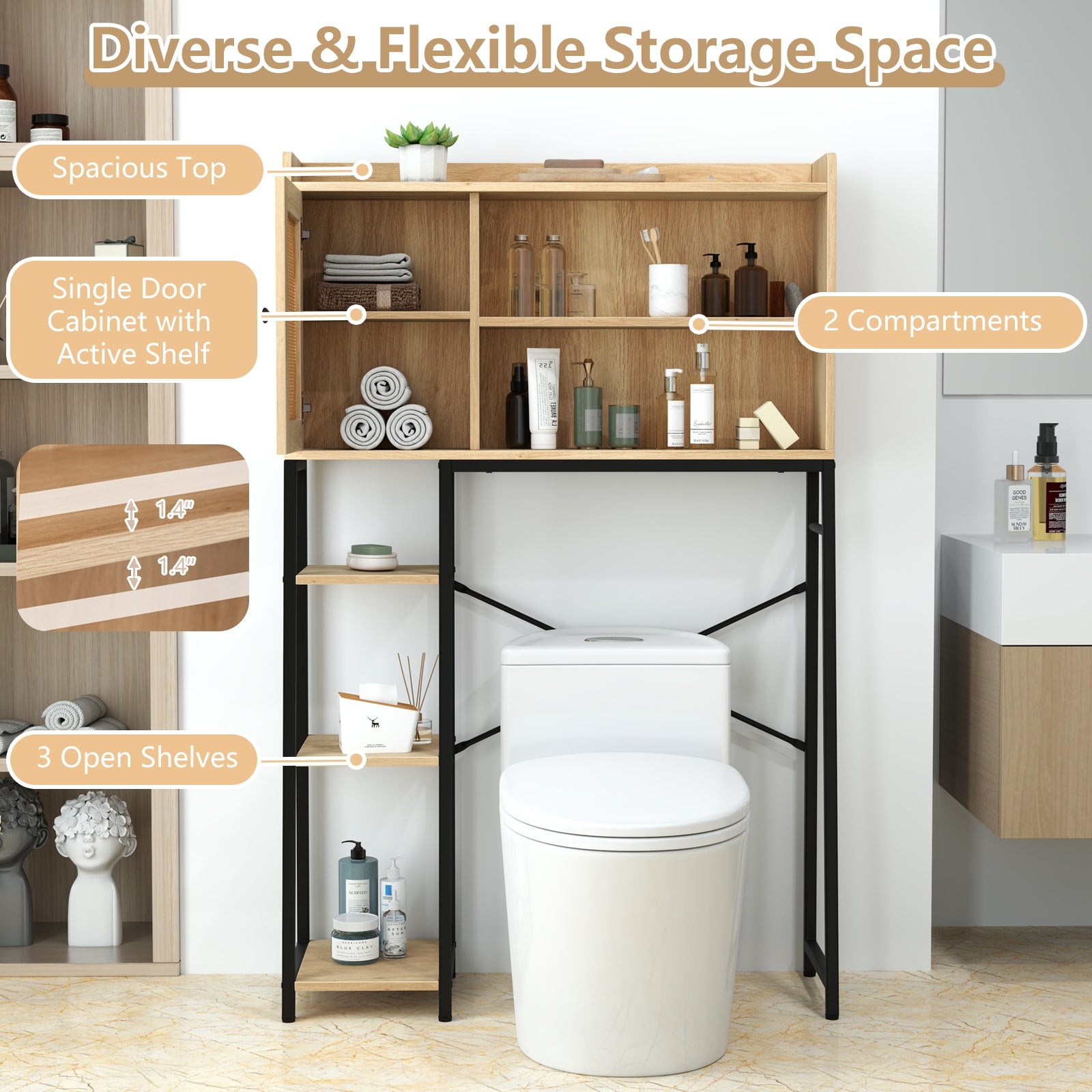 Over The Toilet Storage Cabinet with PE Rattan Door and Open Storage Shelves, Natural Floor Cabinets at Gallery Canada