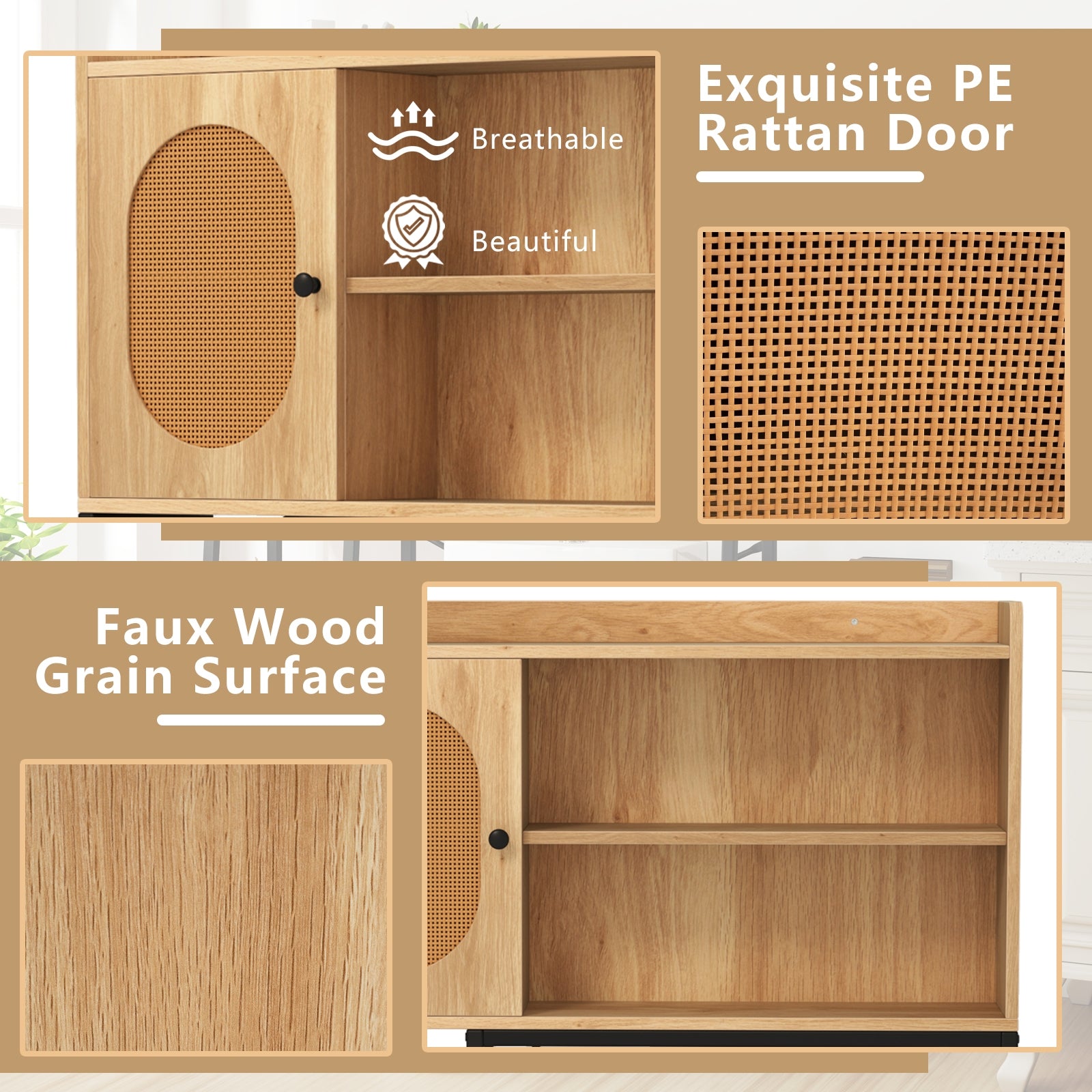 Over The Toilet Storage Cabinet with PE Rattan Door and Open Storage Shelves, Natural Floor Cabinets at Gallery Canada