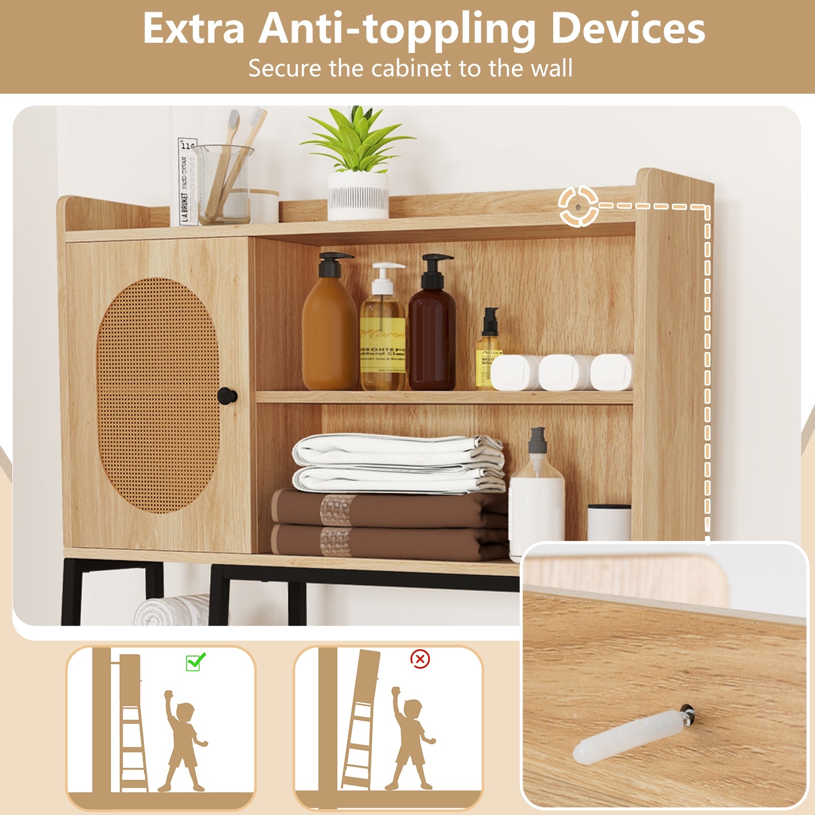 Over The Toilet Storage Cabinet with PE Rattan Door and Open Storage Shelves, Natural Floor Cabinets at Gallery Canada