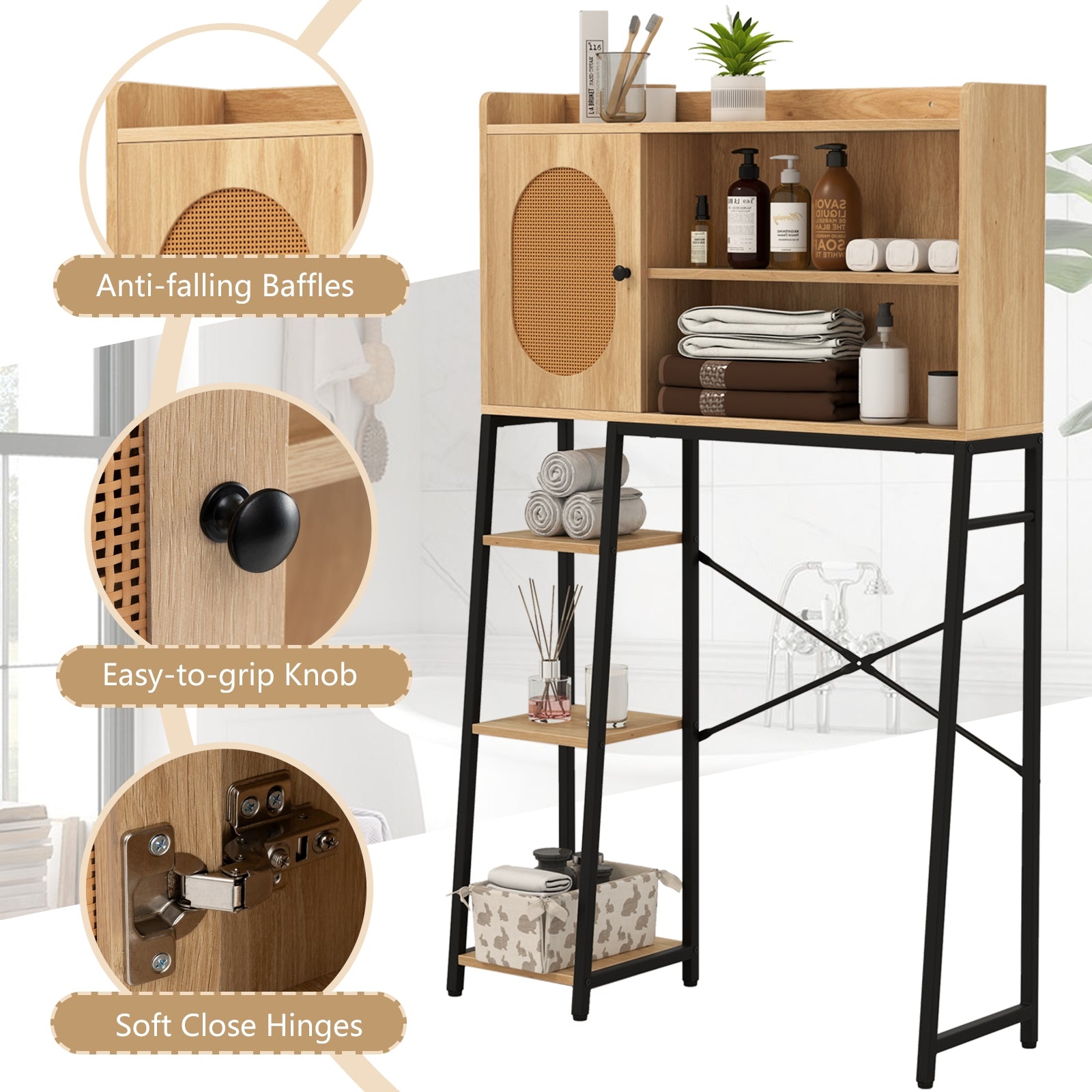 Over The Toilet Storage Cabinet with PE Rattan Door and Open Storage Shelves, Natural Floor Cabinets at Gallery Canada