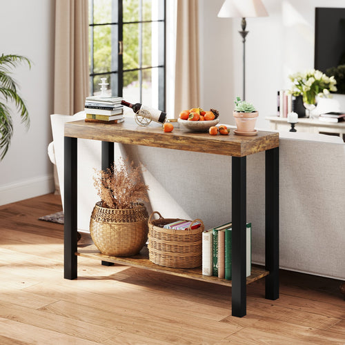 2-Tier Home Bar Table with Open Shelves and Storage for Home Kitchen Living Room Pub, Rustic Brown