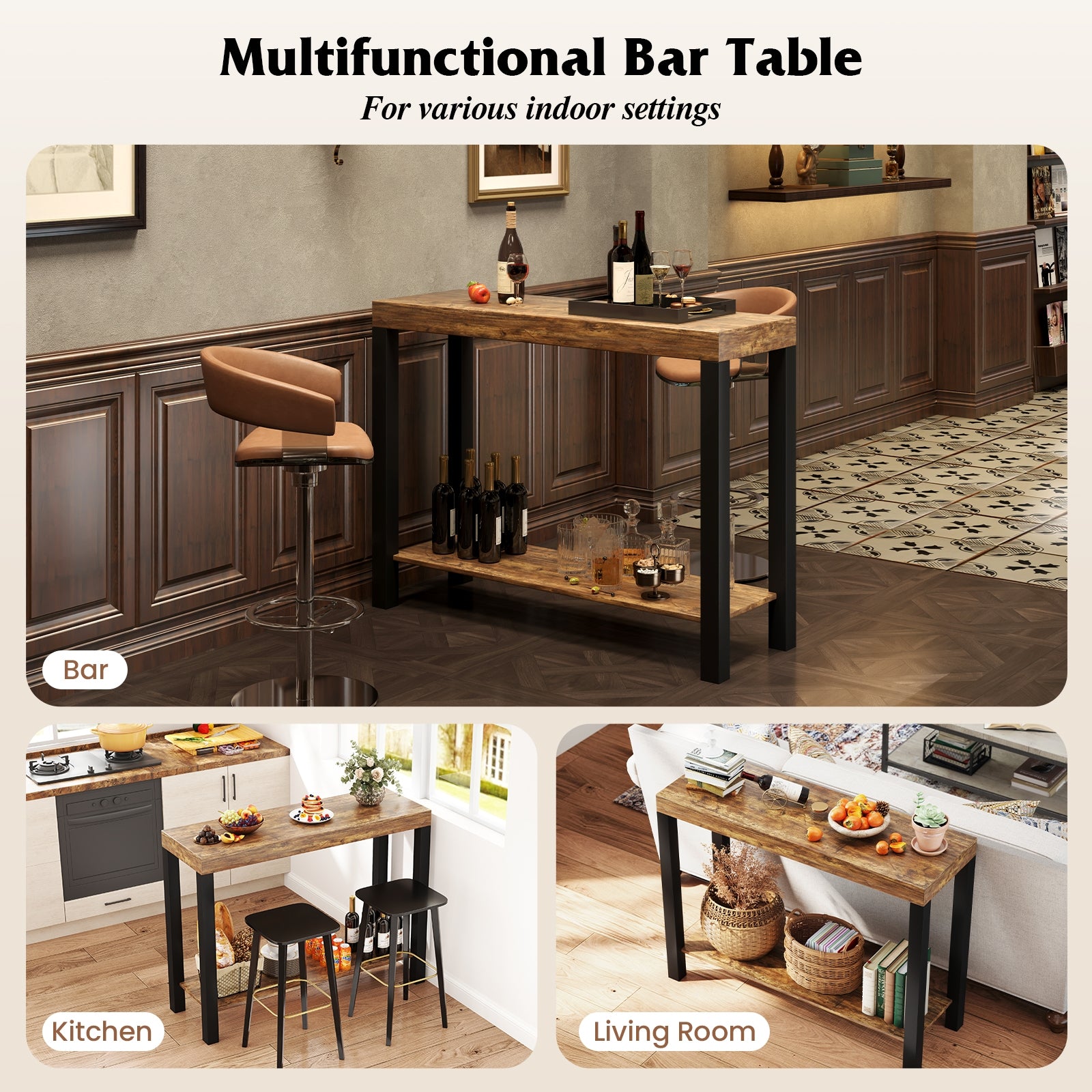 2-Tier Home Bar Table with Open Shelves and Storage for Home Kitchen Living Room Pub, Rustic Brown Bar Tables at Gallery Canada