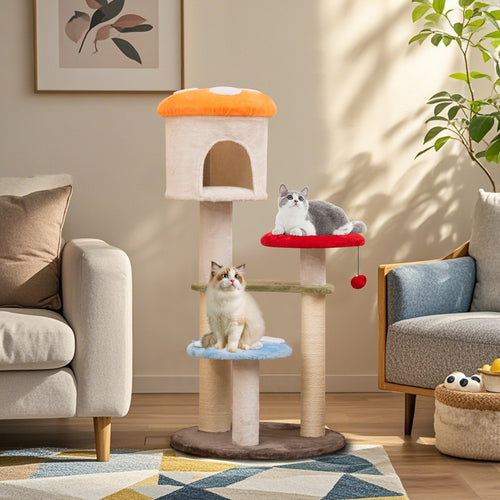Cute Mushroom Cat Tree with Sisal Scratching Posts Top Condo and Padded Platforms, Multicolor