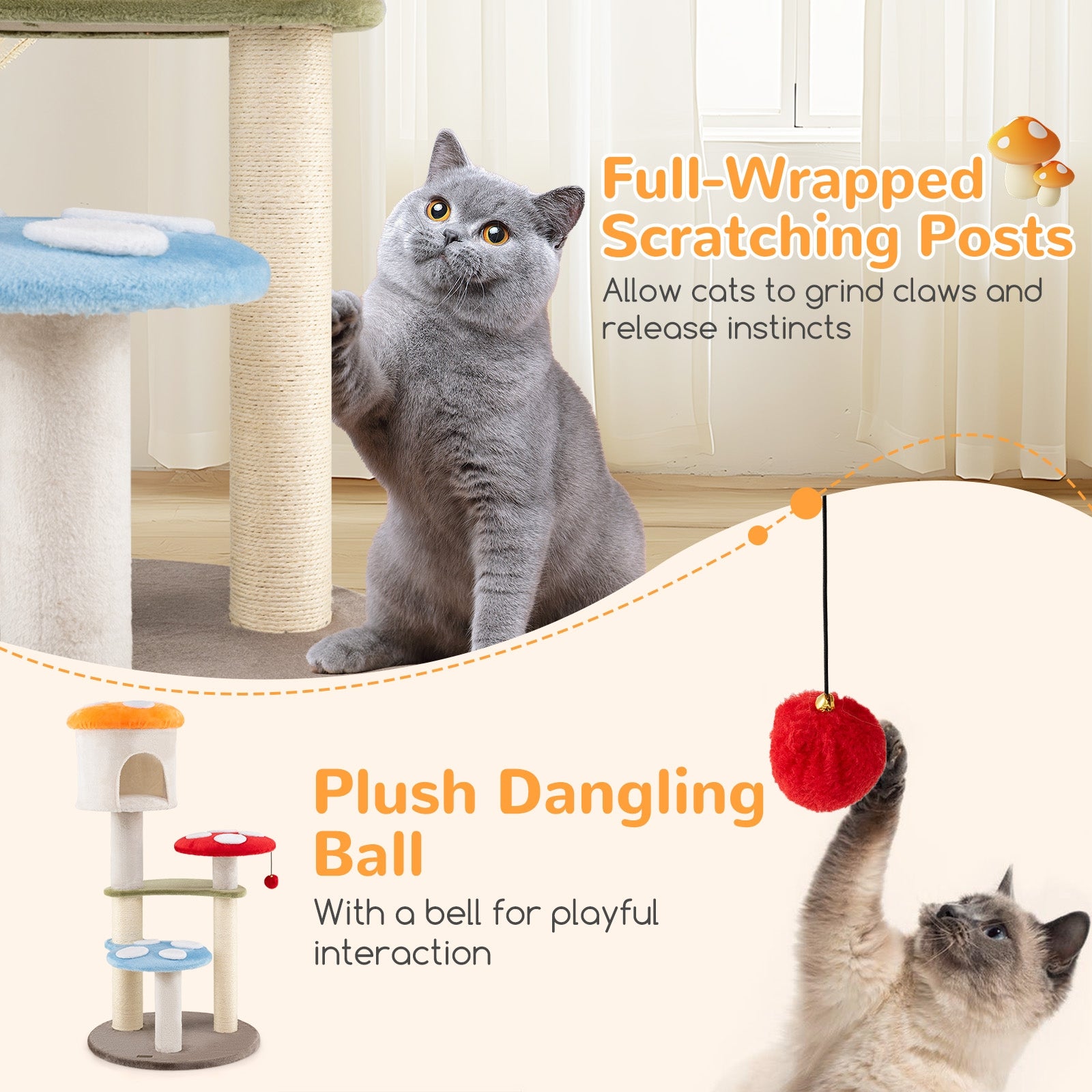 Cute Mushroom Cat Tree with Sisal Scratching Posts Top Condo and Padded Platforms, Multicolor Cat Trees Condos & Scratchers at Gallery Canada