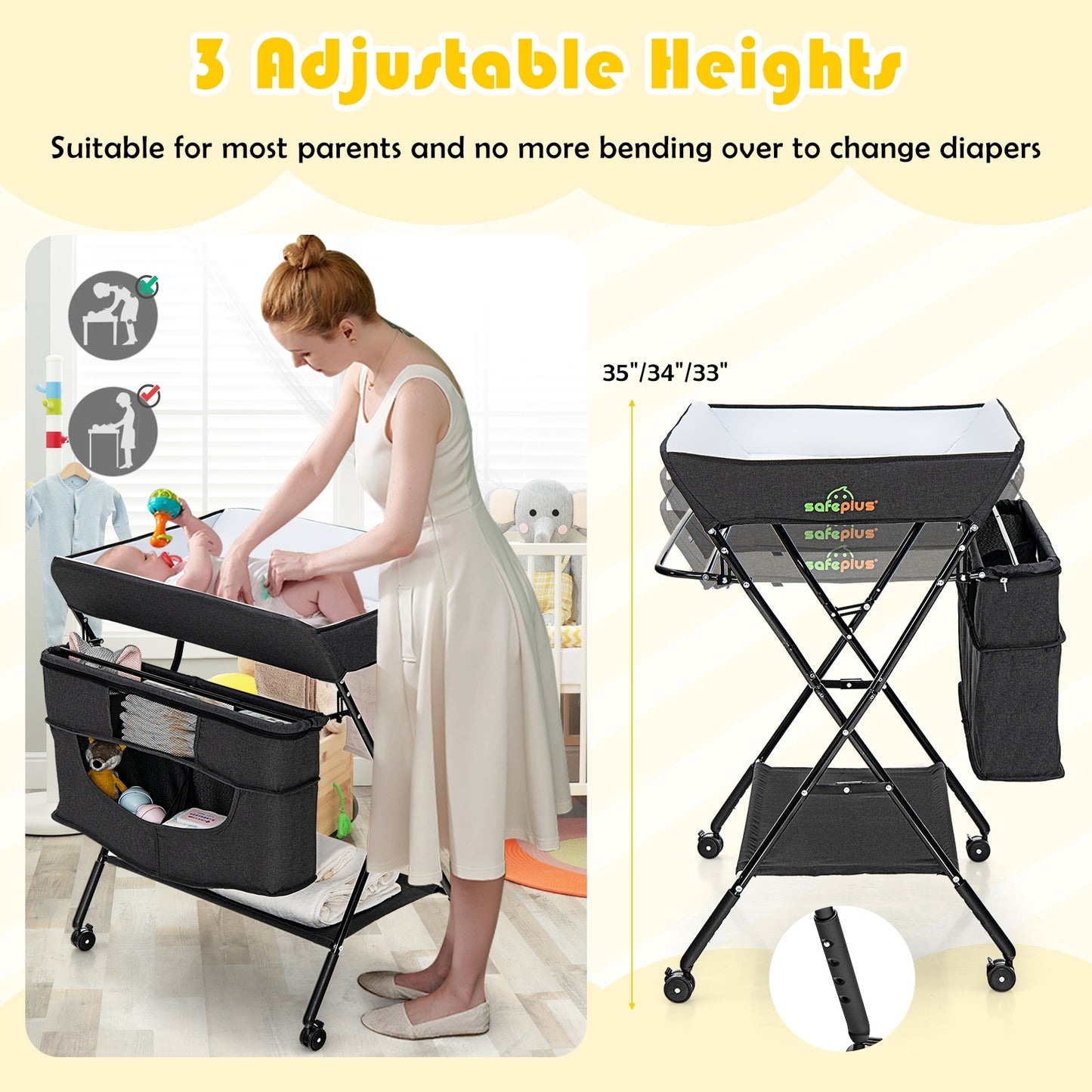 Portable Adjustable Height Newborn Nursery Organizer with Wheel, Black Changing Tables   at Gallery Canada