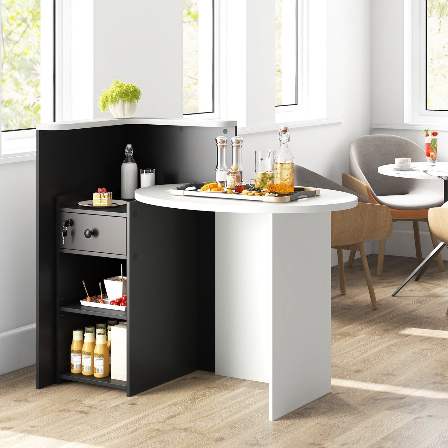 Reception Office Desk with Open Shelf and Lockable Drawer, Black Corner Desks   at Gallery Canada