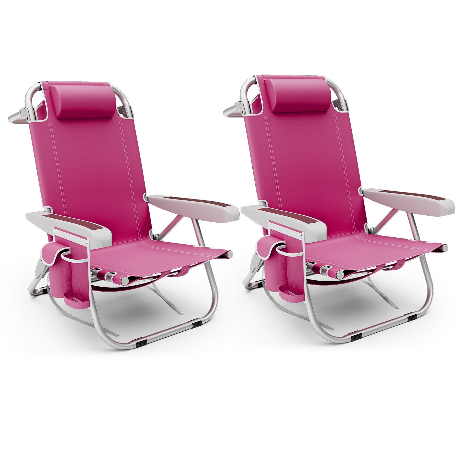 Foldable Backpack Beach Chair with Cup Holder and Storage Pockets Set of 2, Pink Beach & Lawn Chairs Pink at Gallery Canada