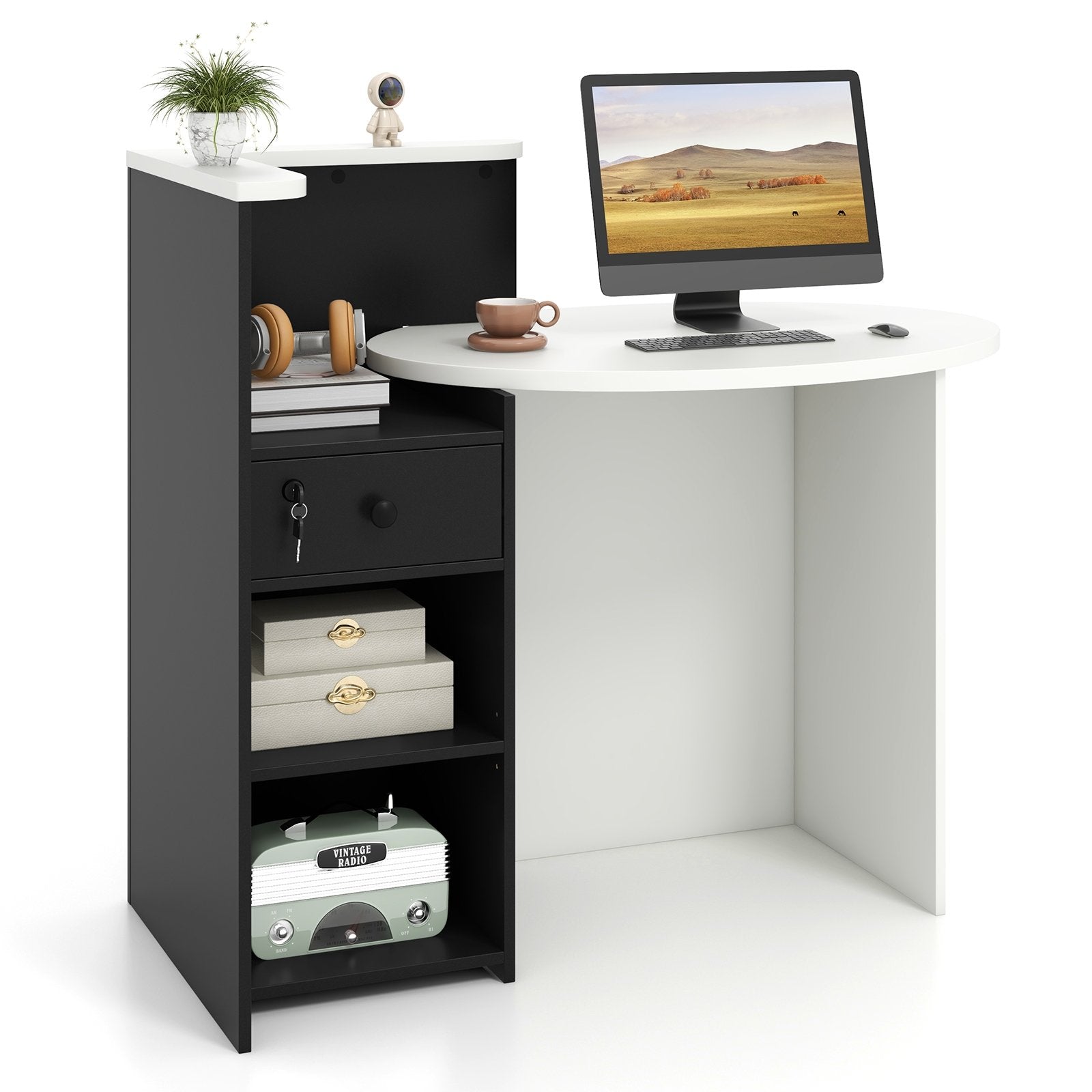 Reception Office Desk with Open Shelf and Lockable Drawer, Black Corner Desks Black  at Gallery Canada