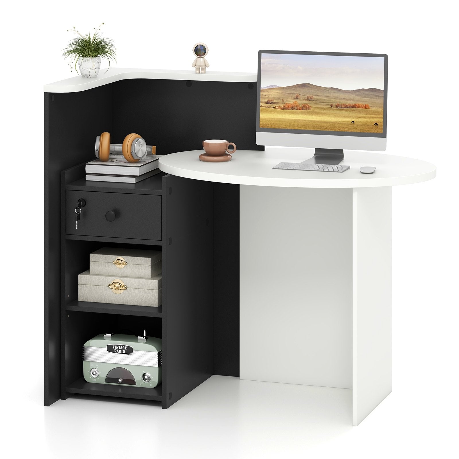 Reception Office Desk with Open Shelf and Lockable Drawer, Black Corner Desks   at Gallery Canada