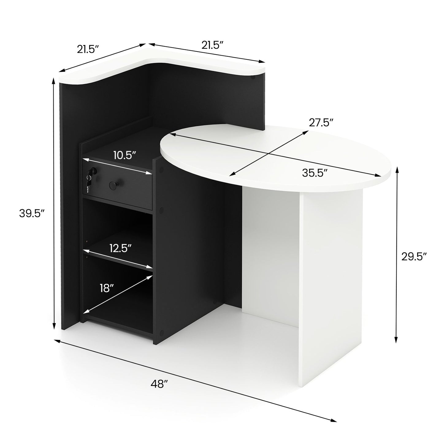 Reception Office Desk with Open Shelf and Lockable Drawer, Black Corner Desks   at Gallery Canada