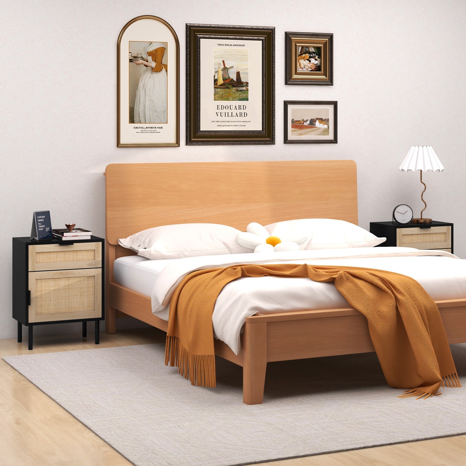 Rattan Nightstand Set of 2 with Drawer and Cabinet, Black Nightstands at Gallery Canada