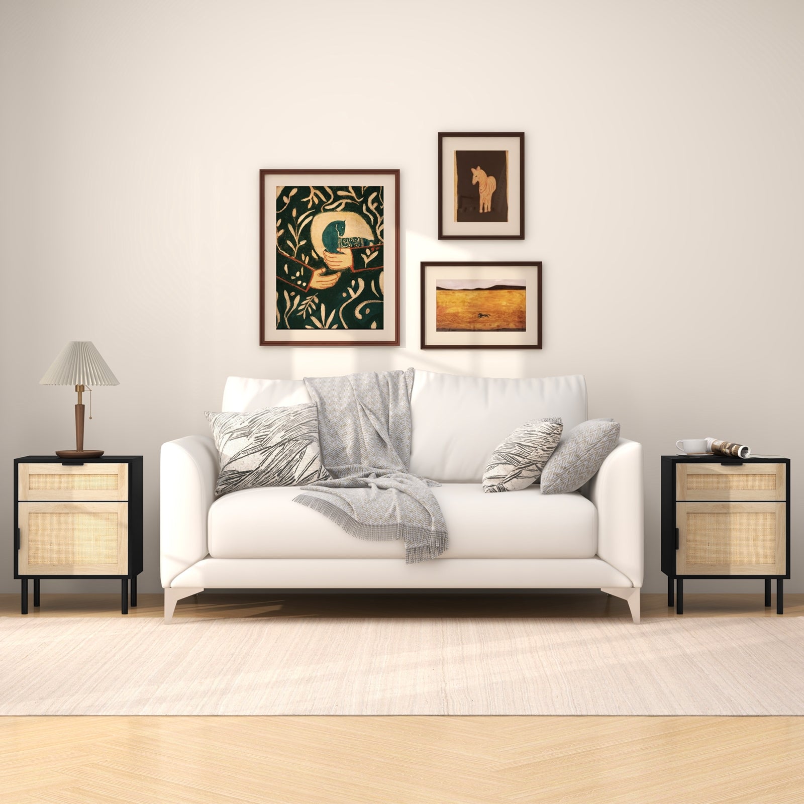 Rattan Nightstand Set of 2 with Drawer and Cabinet, Black Nightstands at Gallery Canada